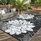 Garvee Large Outdoor Rug 9x18 Waterproof Reversible Floral Design Polypropylene Plastic Straw Non-Slip UV Resistant Patio Deck RV Camping - Black & White