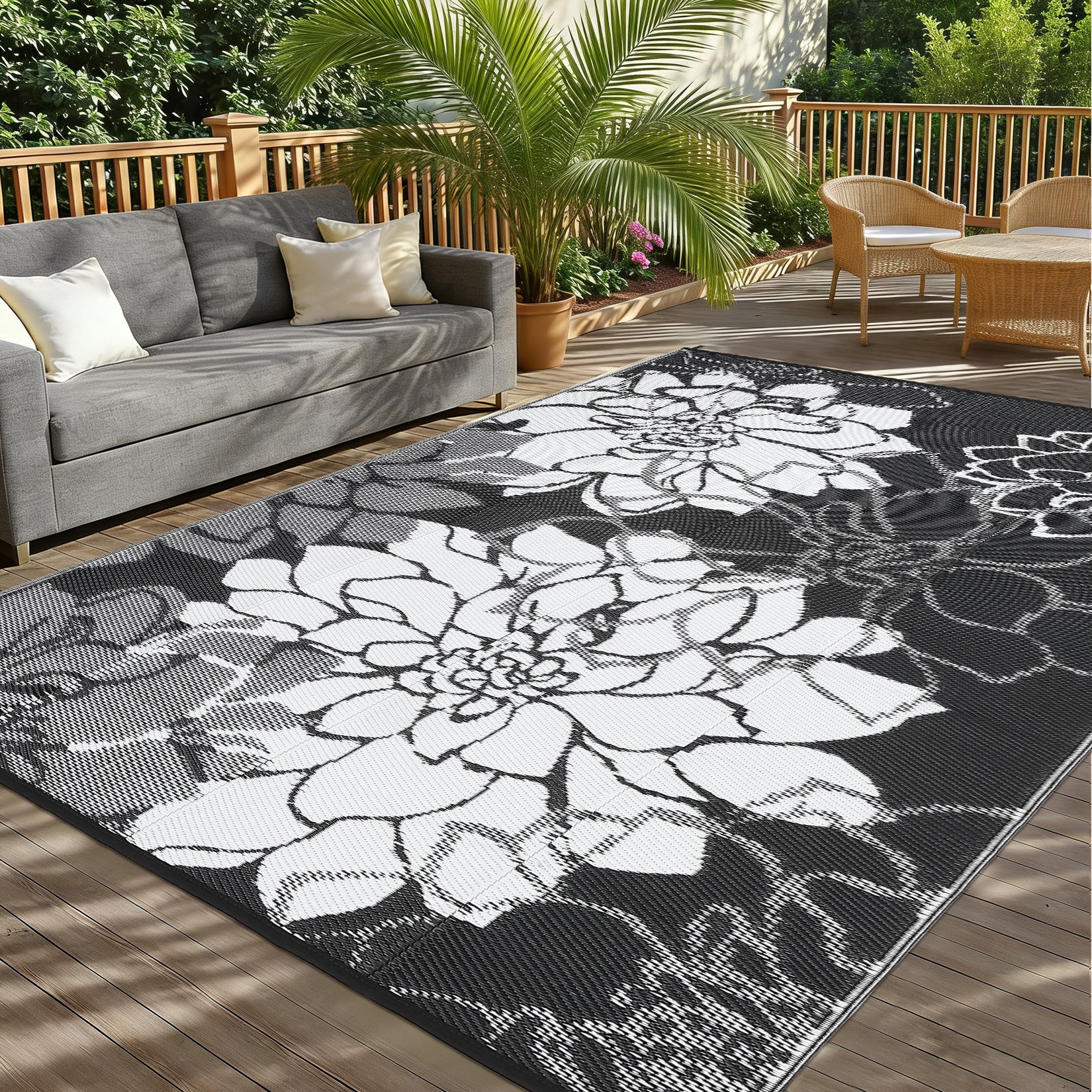 Garvee Large Outdoor Rug 9x18 Waterproof Reversible Floral Design Polypropylene Plastic Straw Non-Slip UV Resistant Patio Deck RV Camping