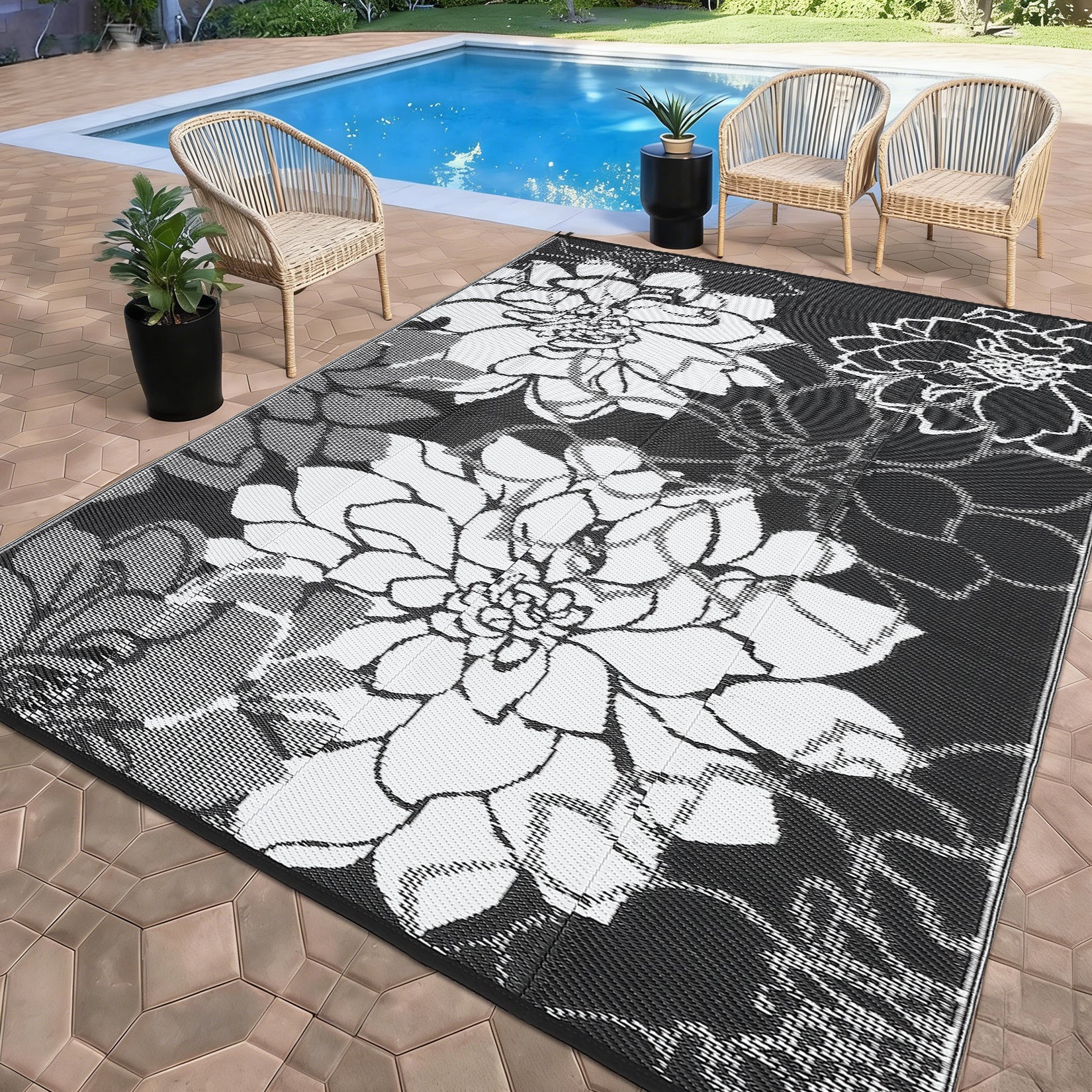 Garvee Large Outdoor Rug 9x18 Waterproof Reversible Floral Design Polypropylene Plastic Straw Non-Slip UV Resistant Patio Deck RV Camping