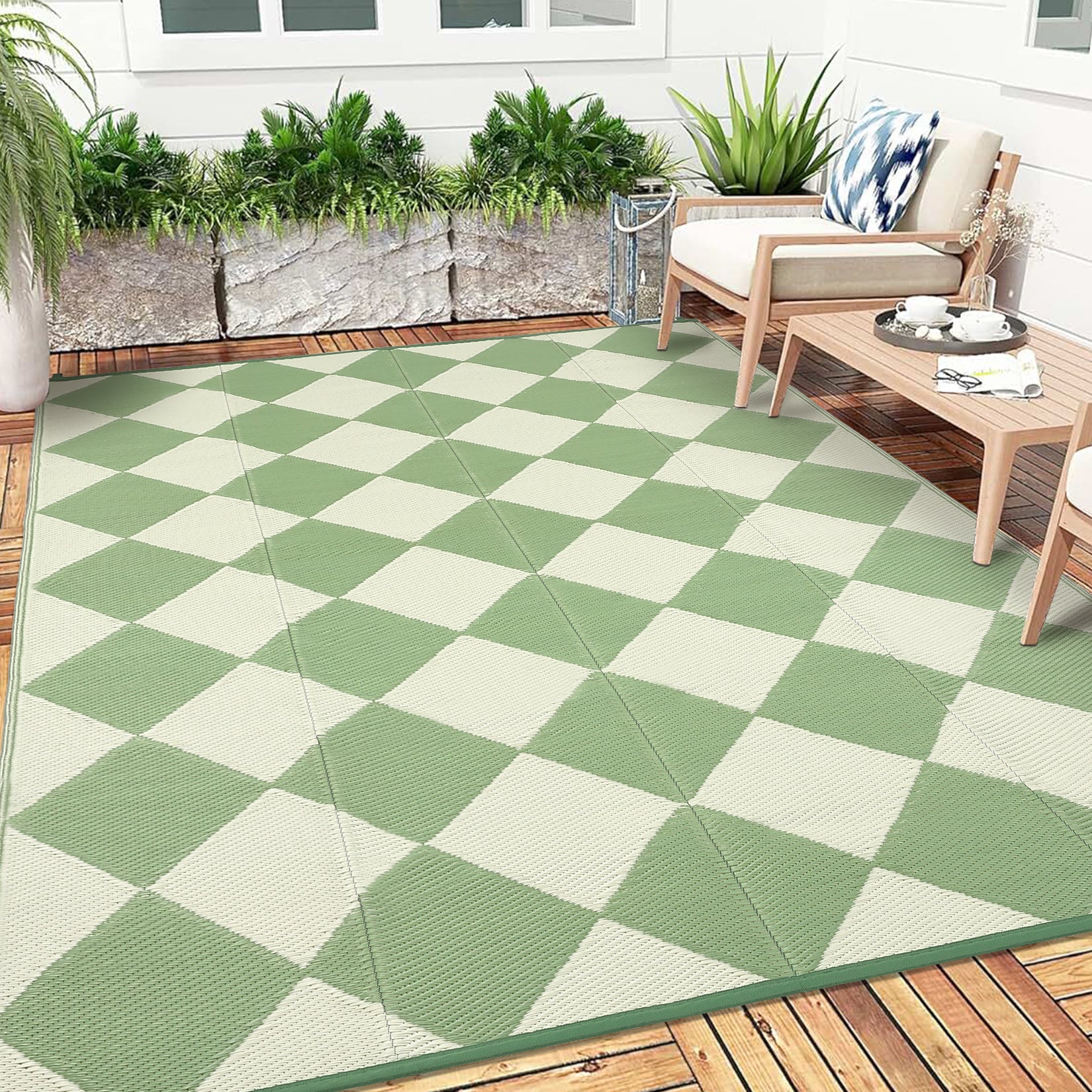 Garvee Outdoor Rug 9x12 Waterproof Reversible Patio Rug Green Diamond for RV Porch Balcony Picnic Beach Backyard