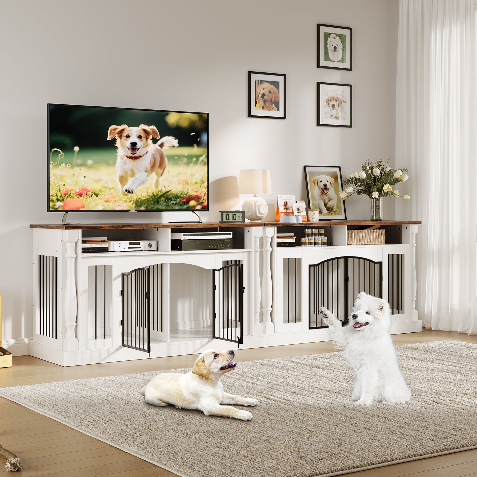 Garvee Roman Column 63 Inch Large Dog Crate Furniture for 2 Dogs with Open Storage, Heavy Duty Dog Kennel Entertainment Table TV Stand for Small and Medium Dogs