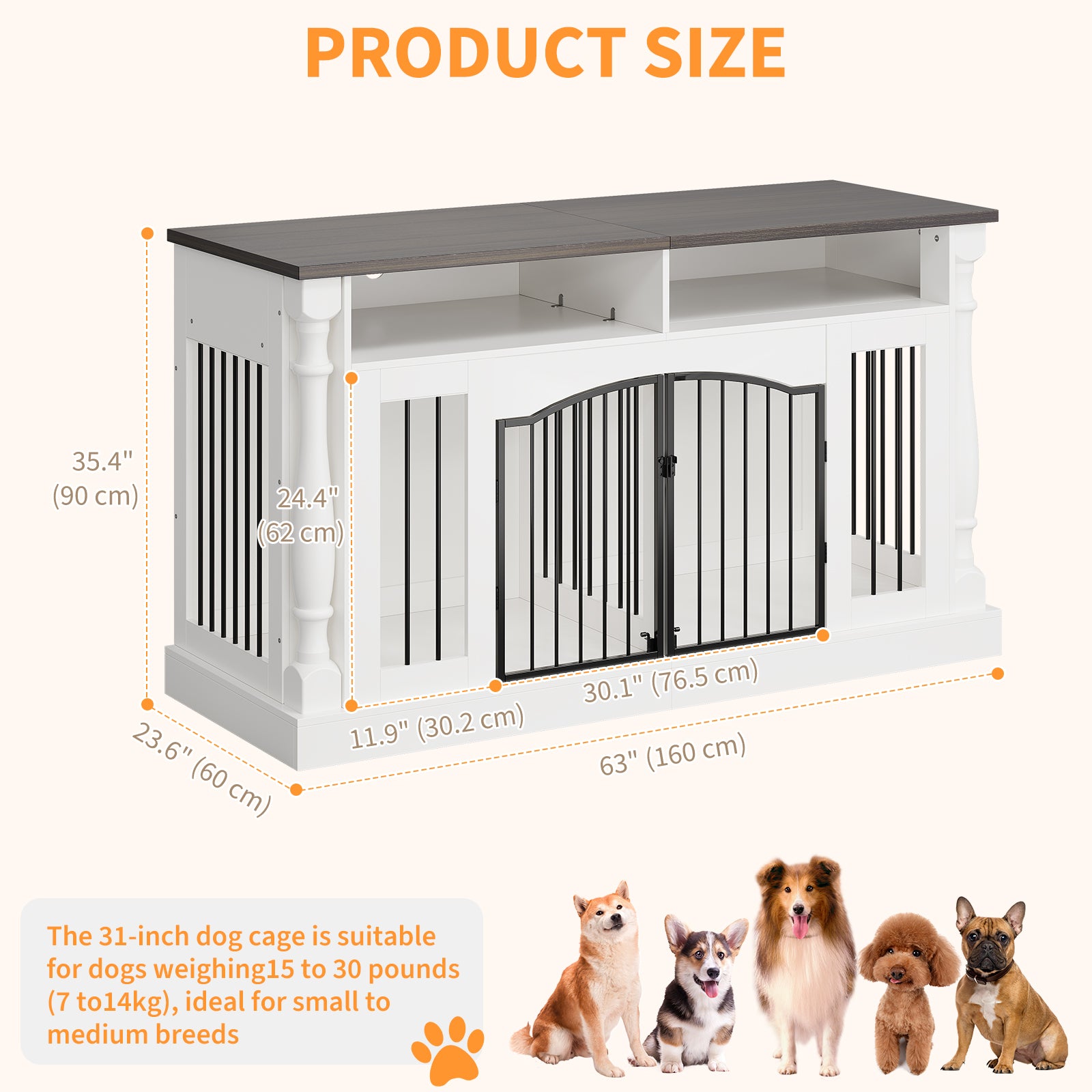 Garvee Roman Column 63 Inch Large Dog Crate Furniture for 2 Dogs with Open Storage, Heavy Duty Dog Kennel Entertainment Table TV Stand for Small and Medium Dogs, Dark Walnut Top