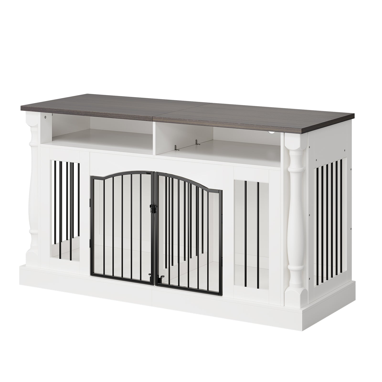 Garvee Roman Column 63 Inch Large Dog Crate Furniture for 2 Dogs with Open Storage, Heavy Duty Dog Kennel Entertainment Table TV Stand for Small and Medium Dogs, Dark Walnut Top