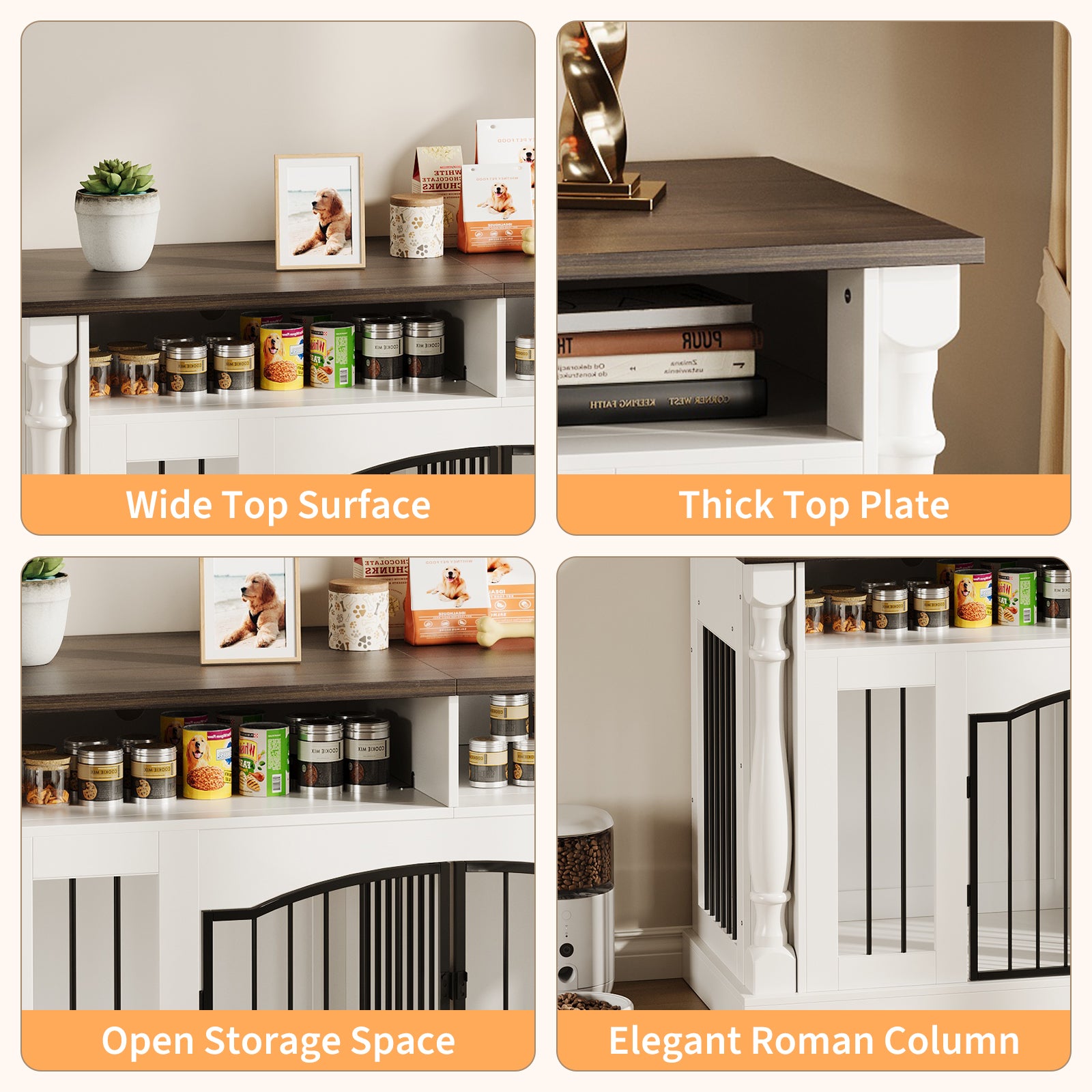 Garvee Roman Column 63 Inch Large Dog Crate Furniture for 2 Dogs with Open Storage, Heavy Duty Dog Kennel Entertainment Table TV Stand for Small and Medium Dogs, Dark Walnut Top