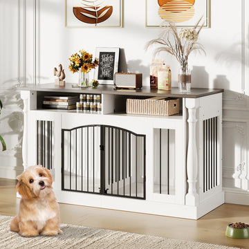Garvee Roman Column 63 Inch Large Dog Crate Furniture for 2 Dogs with Open Storage, Heavy Duty Dog Kennel Entertainment Table TV Stand for Small and Medium Dogs, Dark Walnut Top