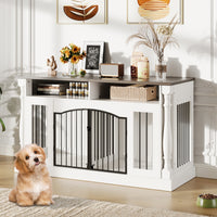 Garvee Roman Column 63 Inch Large Dog Crate Furniture for 2 Dogs with Open Storage, Heavy Duty Dog Kennel Entertainment Table TV Stand for Small and Medium Dogs, Dark Walnut Top