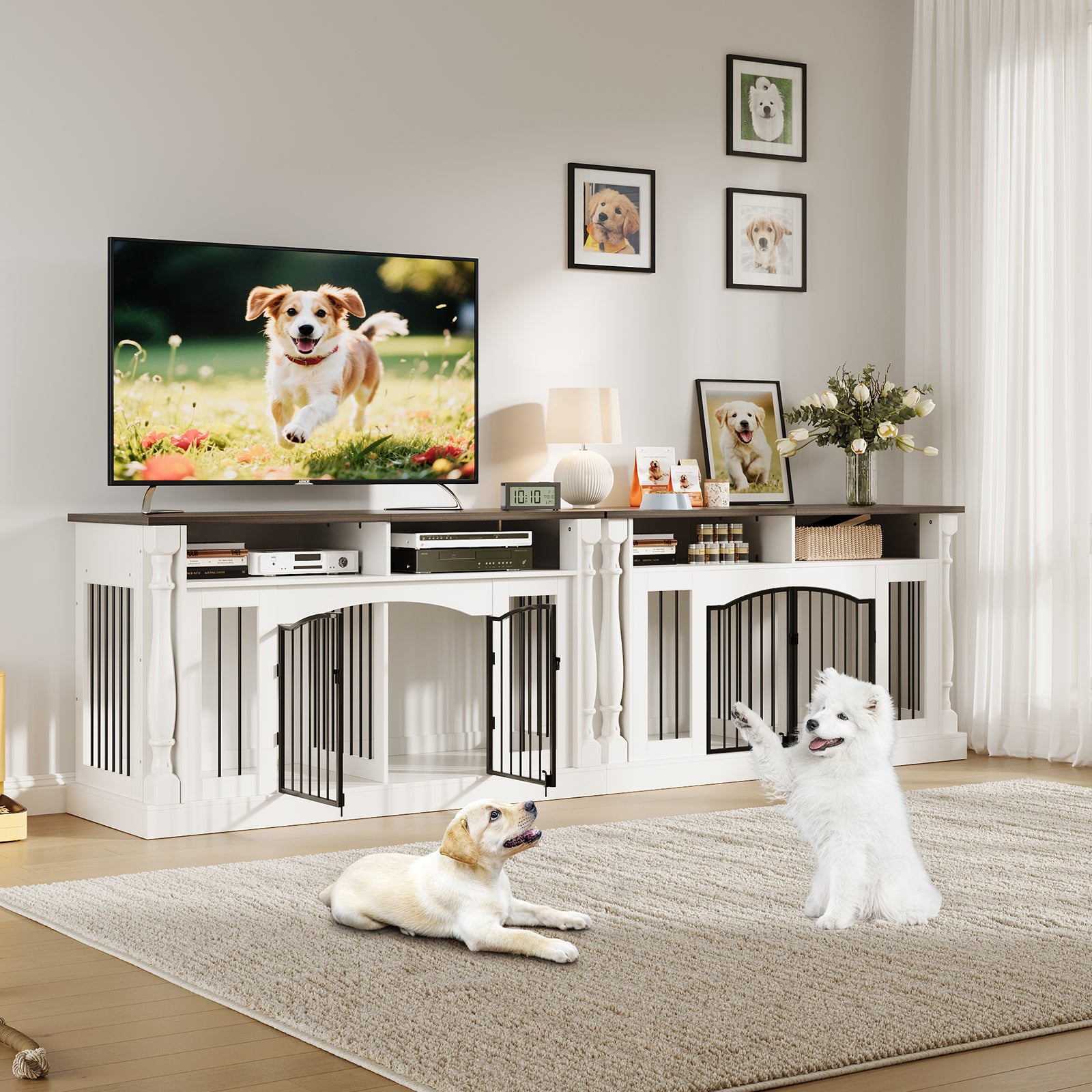Garvee Roman Column 63 Inch Large Dog Crate Furniture for 2 Dogs with Open Storage, Heavy Duty Dog Kennel Entertainment Table TV Stand for Small and Medium Dogs, Dark Walnut Top