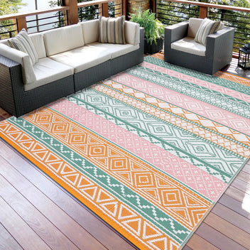 Garvee Durable Weather-Resistant Outdoor Area Rug – Patio Carpet for Garden, Lawn, Deck or Porch – Easy-Clean, Multi-Color Design – 8x10ft – Four Colors: Orange/Green/Pink/White