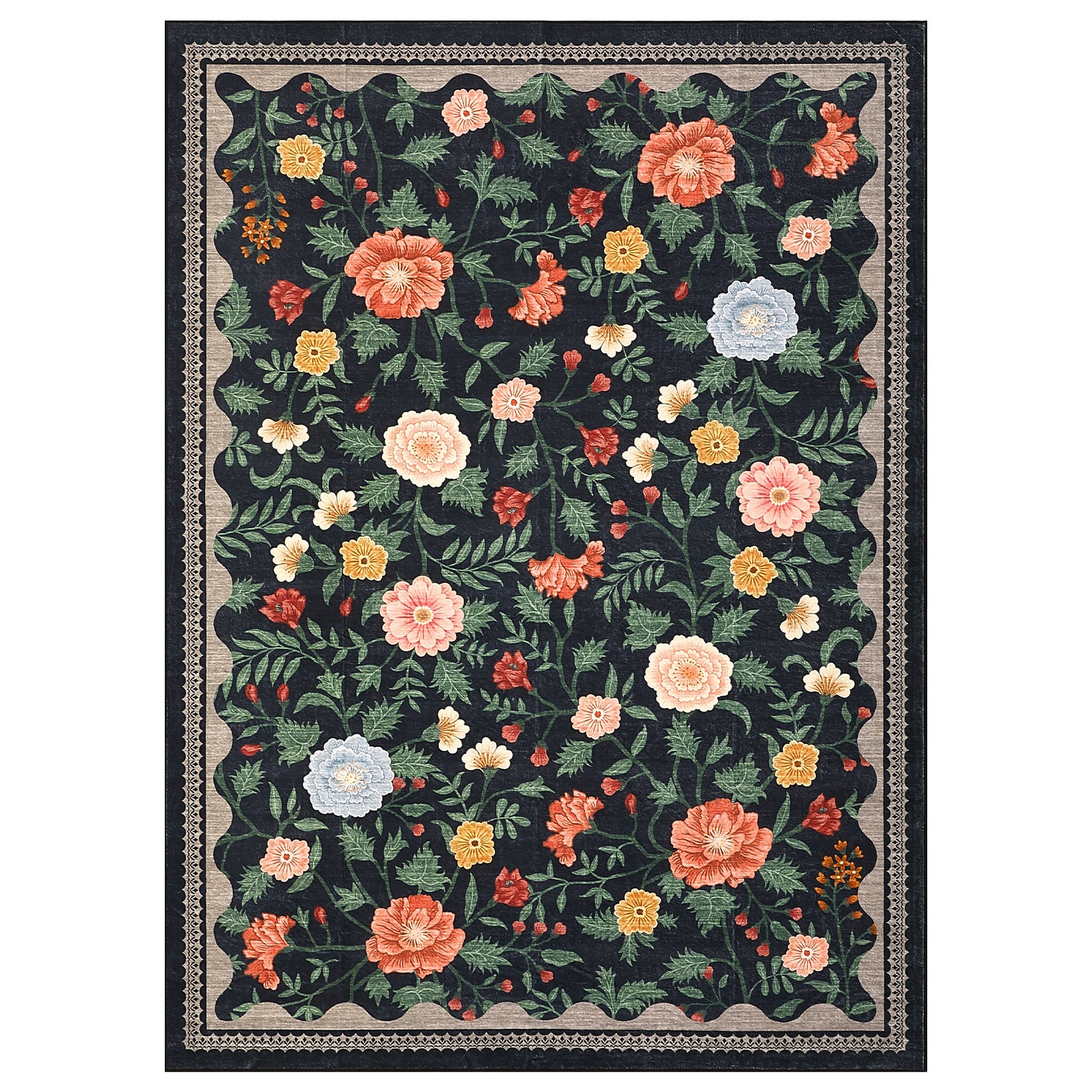 Garvee Large Black Rug 10x13 Washable Floral Living Room Rug Modern Farmhouse Soft Low Pile Non-Slip Indoor Carpet