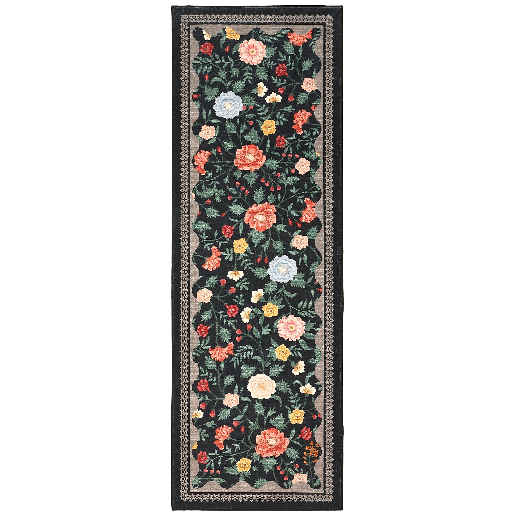 Garvee 2x6 Floral Bathroom Runner Rug Machine Washable Non-Slip Soft Low Pile Lightweight Black Indoor Floor Mat