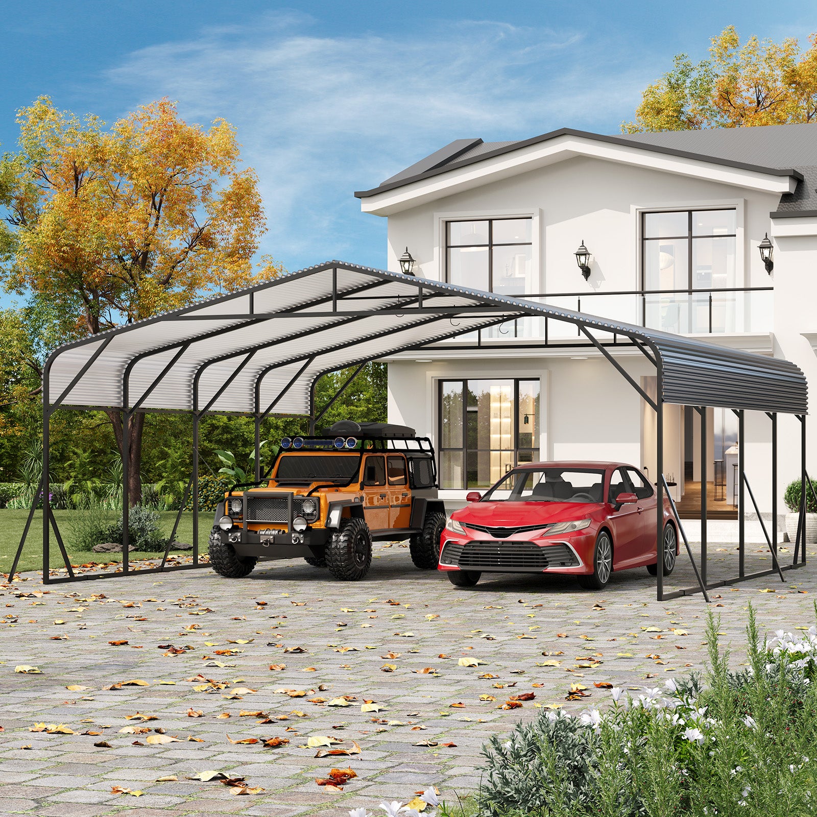 Garvee Heavy Duty 20x20 FT Metal Carport with Reinforced Base and Galvanized Steel Roof - Outdoor Weatherproof Garage Shelter Canopy for SUV, Truck, Boats - Grey