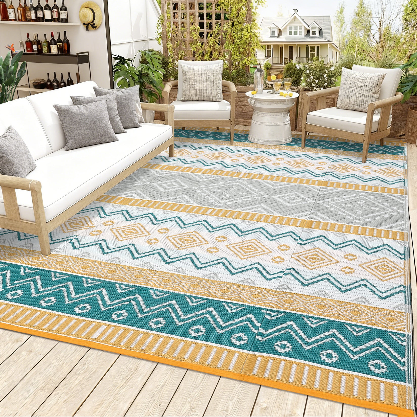 Garvee Outdoor Area Rug Waterproof Plastic Straw Rug, Boho Reversible RV Mat, Stain-Resistant Indoor Outdoor Carpet for Picnic, Deck, Balcony, Beach, Patio
