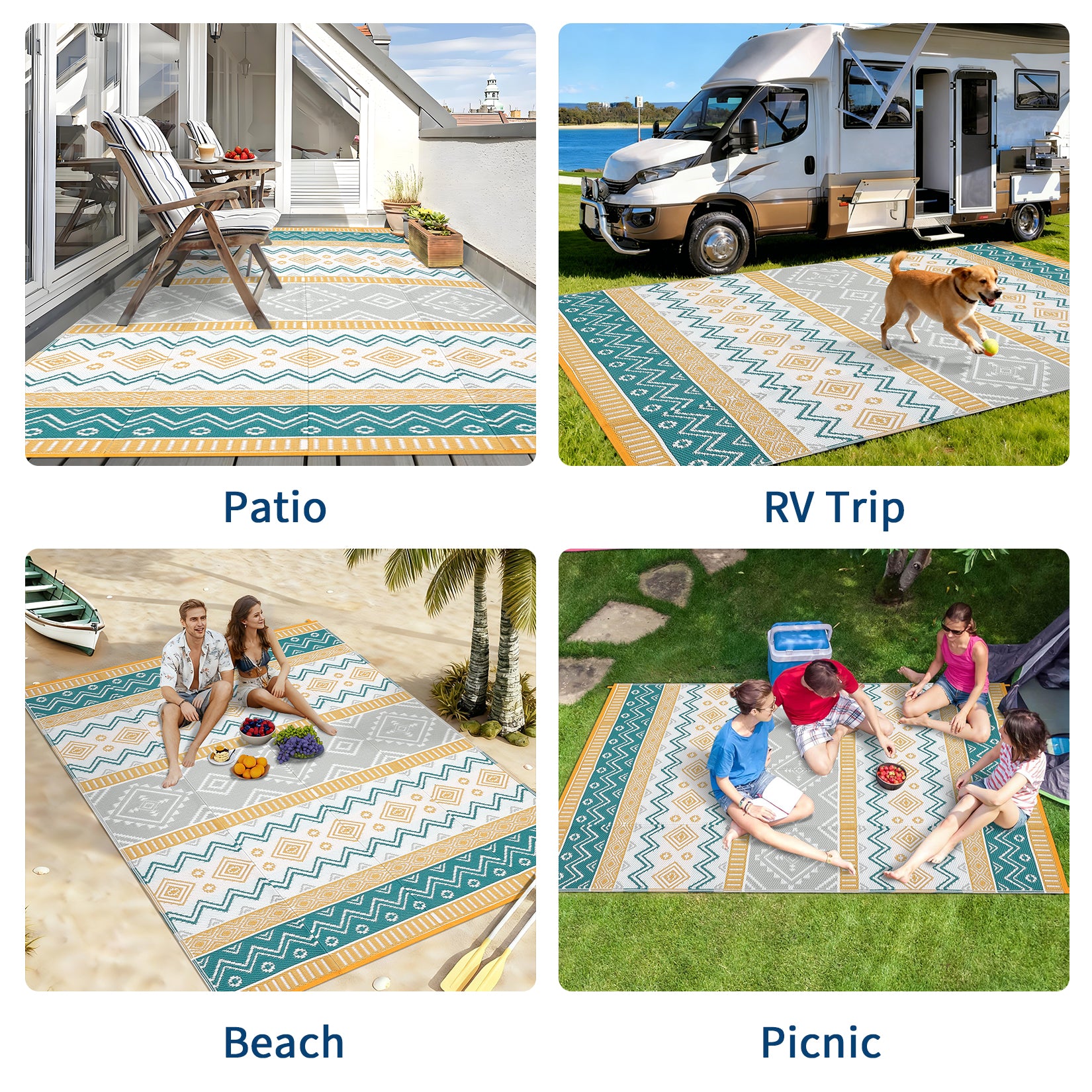 Garvee Outdoor Area Rug Waterproof Plastic Straw Rug, Boho Reversible RV Mat, Stain-Resistant Indoor Outdoor Carpet for Picnic, Deck, Balcony, Beach, Patio
