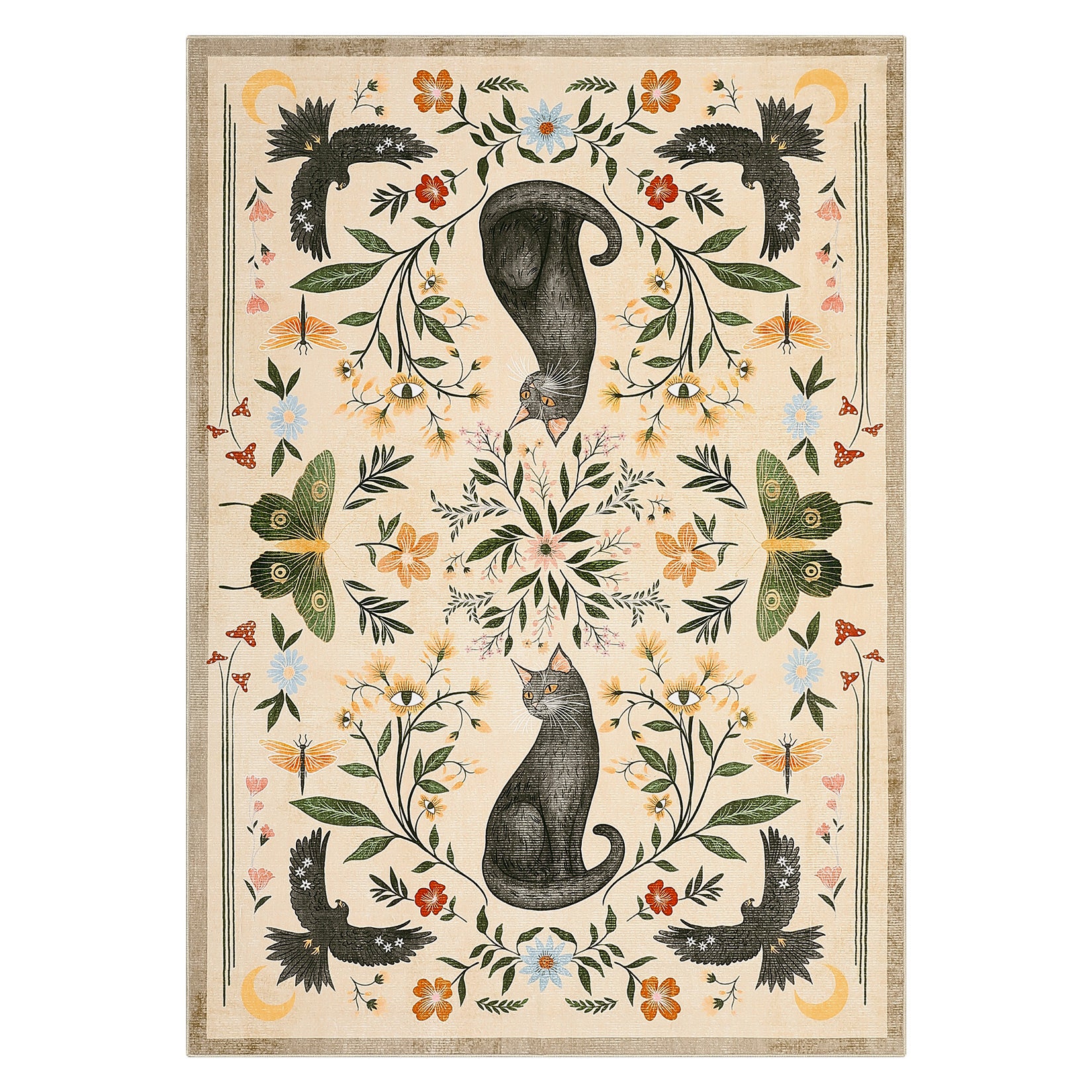 Garvee 6x9 Cat Floral Area Rug, Washable Non-Slip Low Pile Soft Vintage Botanical Animal Rug for Living Room Bedroom Nursery Playroom, Camel