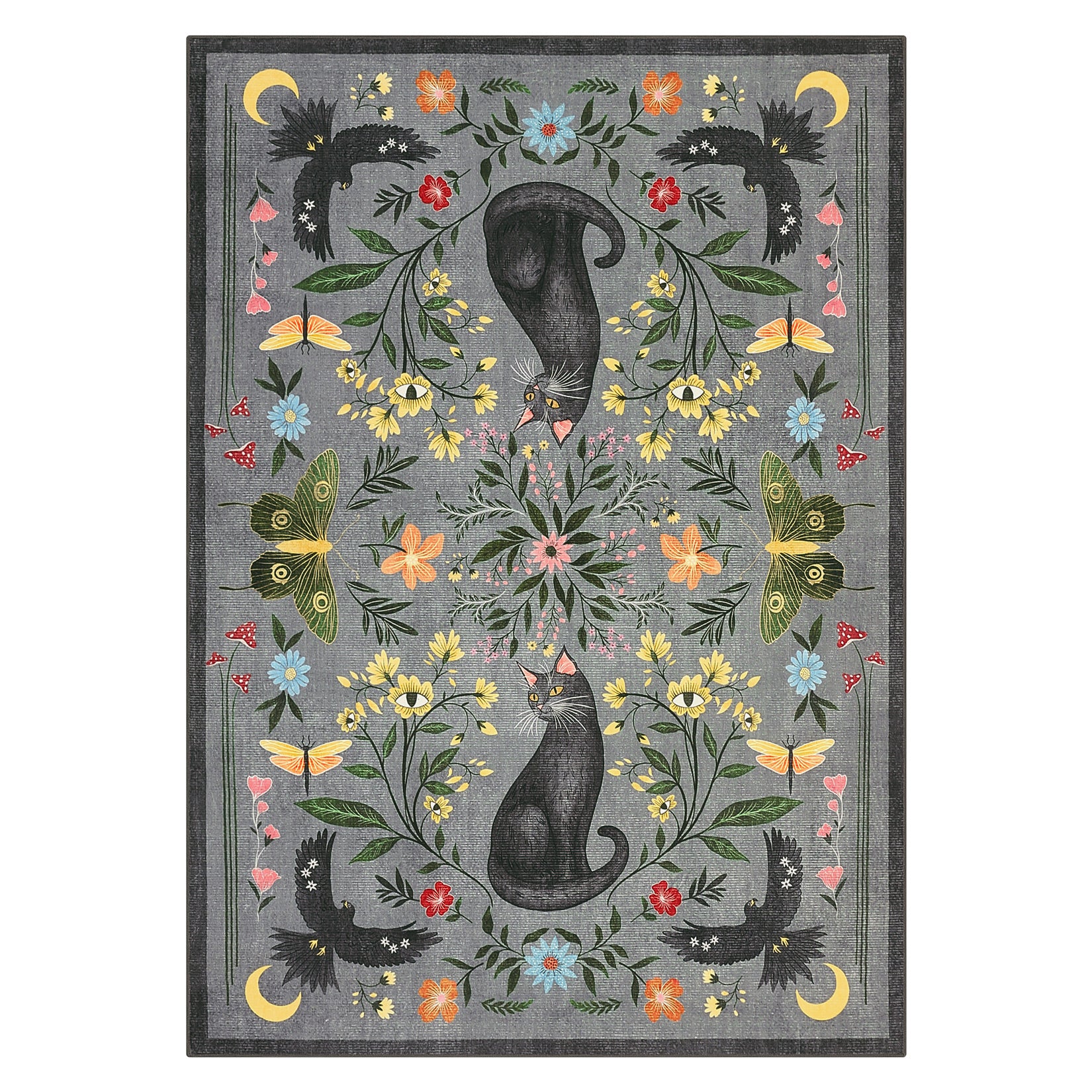Garvee Washable Cat Floral Area Rug 6x9, Non Slip Soft Low Pile Indoor Rug, Cute Animal Floral Pattern, Easy Clean Durable Rug for Living Room Bedroom, Gray