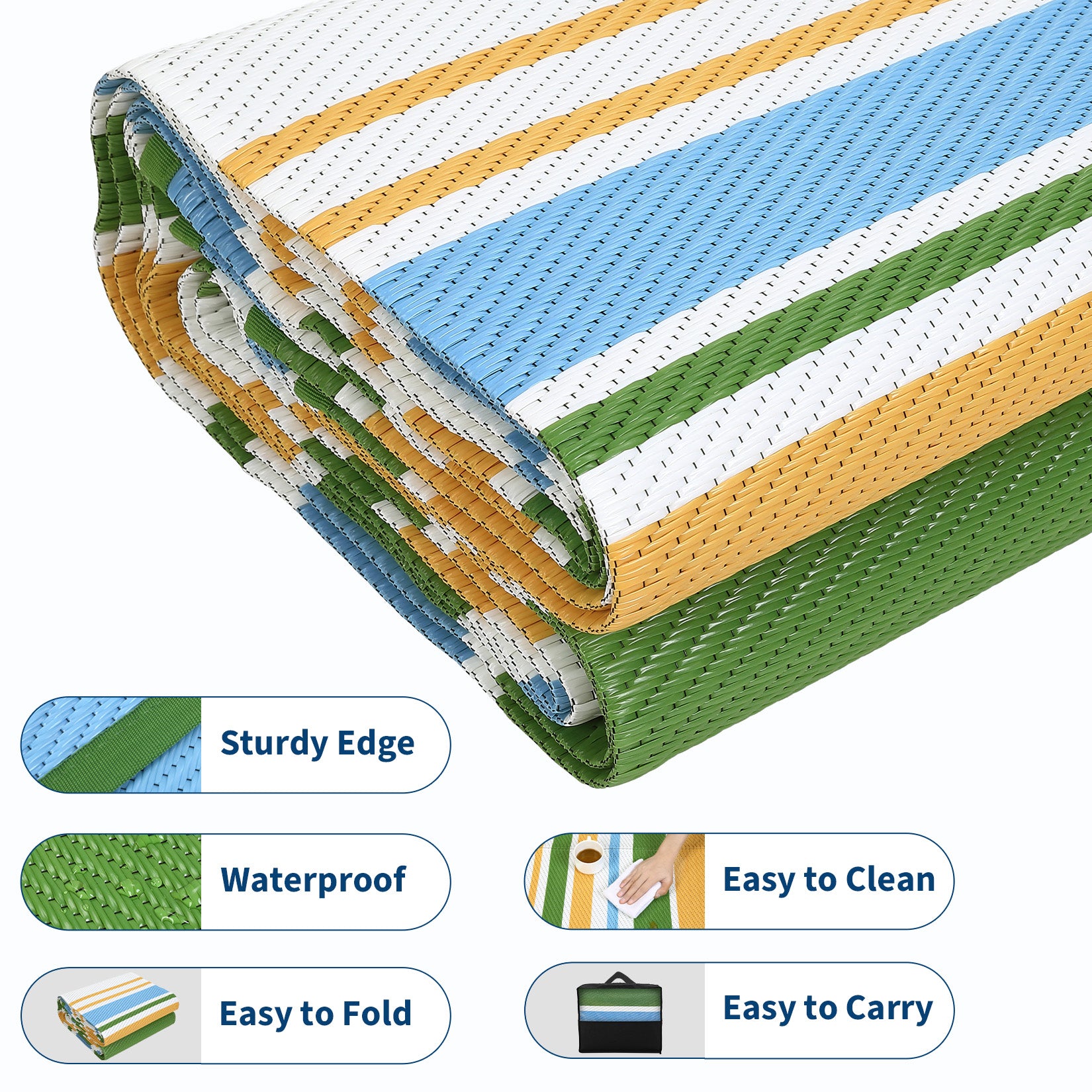 Garvee 9x12 Outdoor Rug Modern Geometric Reversible Plastic Straw UV Resistant Stain Large Rug for Balcony Deck Beach Yellow Blue Green White