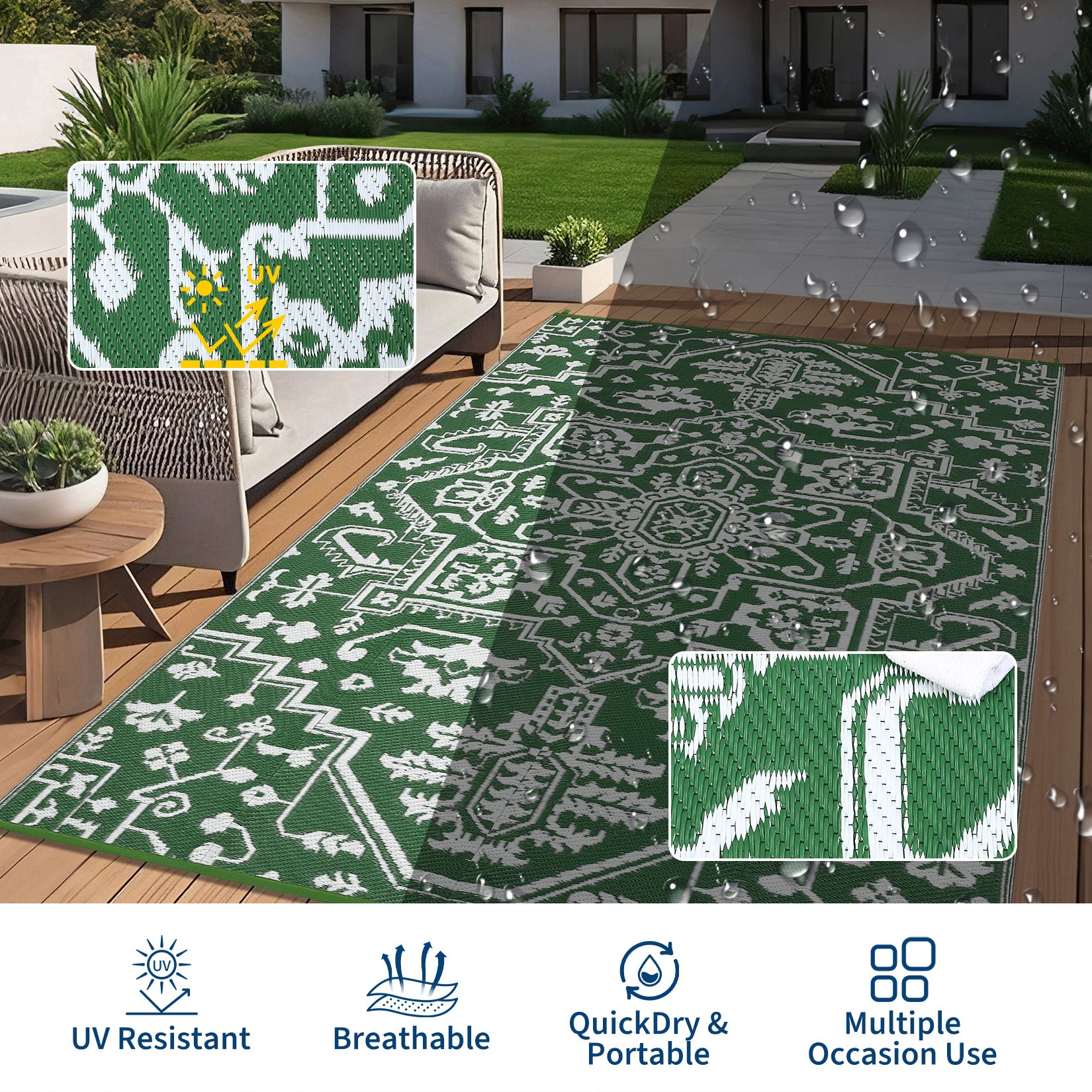 Garvee Outdoor Rug 8x10 Reversible Portable Plastic Straw Camping Rug for Patio Deck Porch Balcony Green White Waterproof Durable