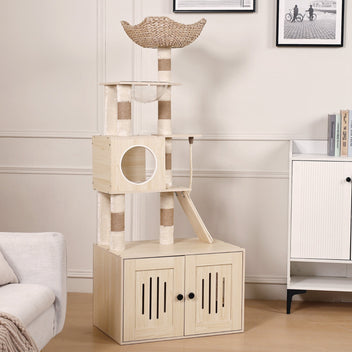 Garvee 66.9-Inch Cat Tree Tower with Litter Box Enclosure, Multi-Level Cat Furniture Featuring Hammock and Washable Cushions, Indoor Cat Tower for Play, Rest, and Privacy, Wood Color