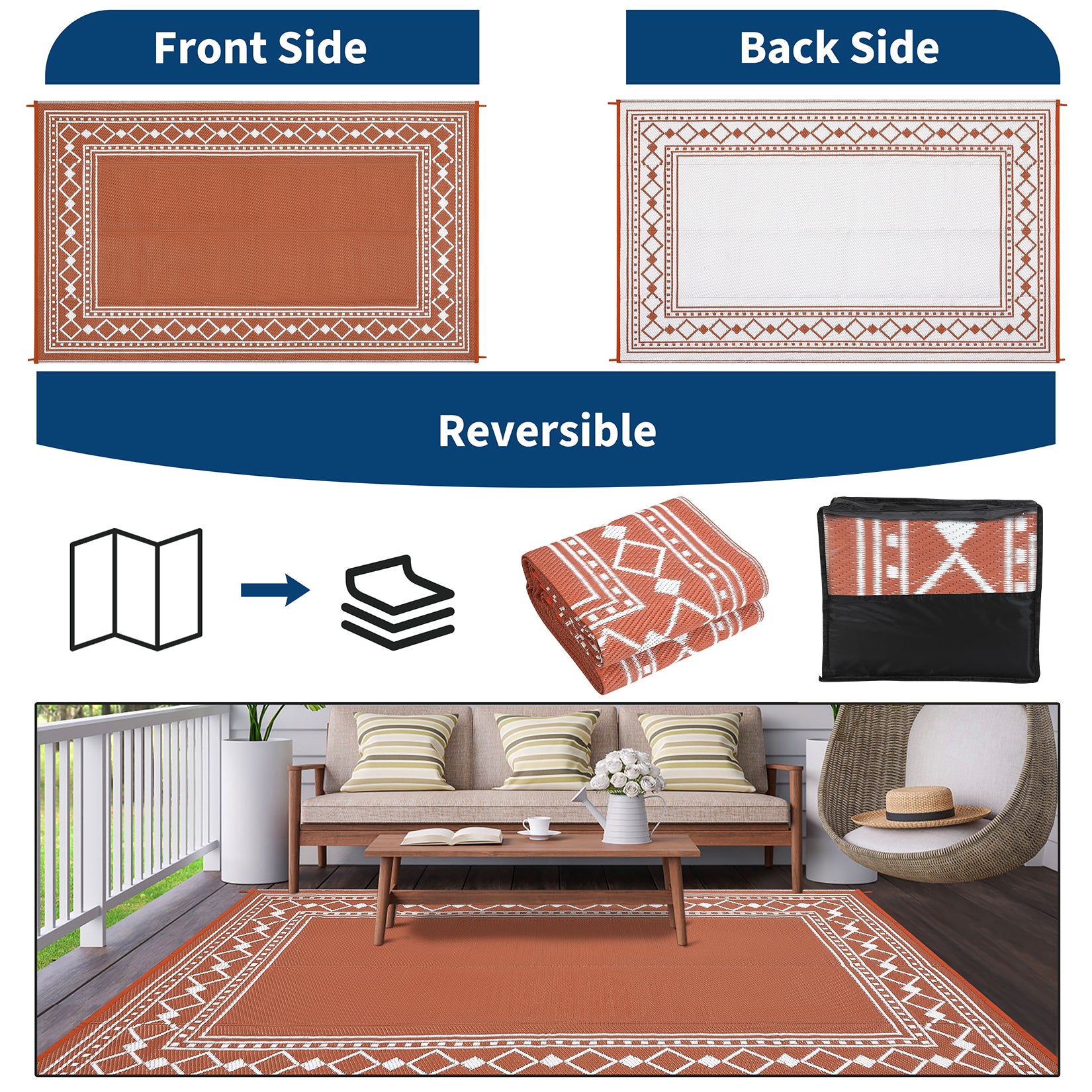 Garvee Outdoor Rug 8x10 Waterproof Plastic Straw Reversible Patio Mat for RV Camping Deck Balcony Terracotta/White