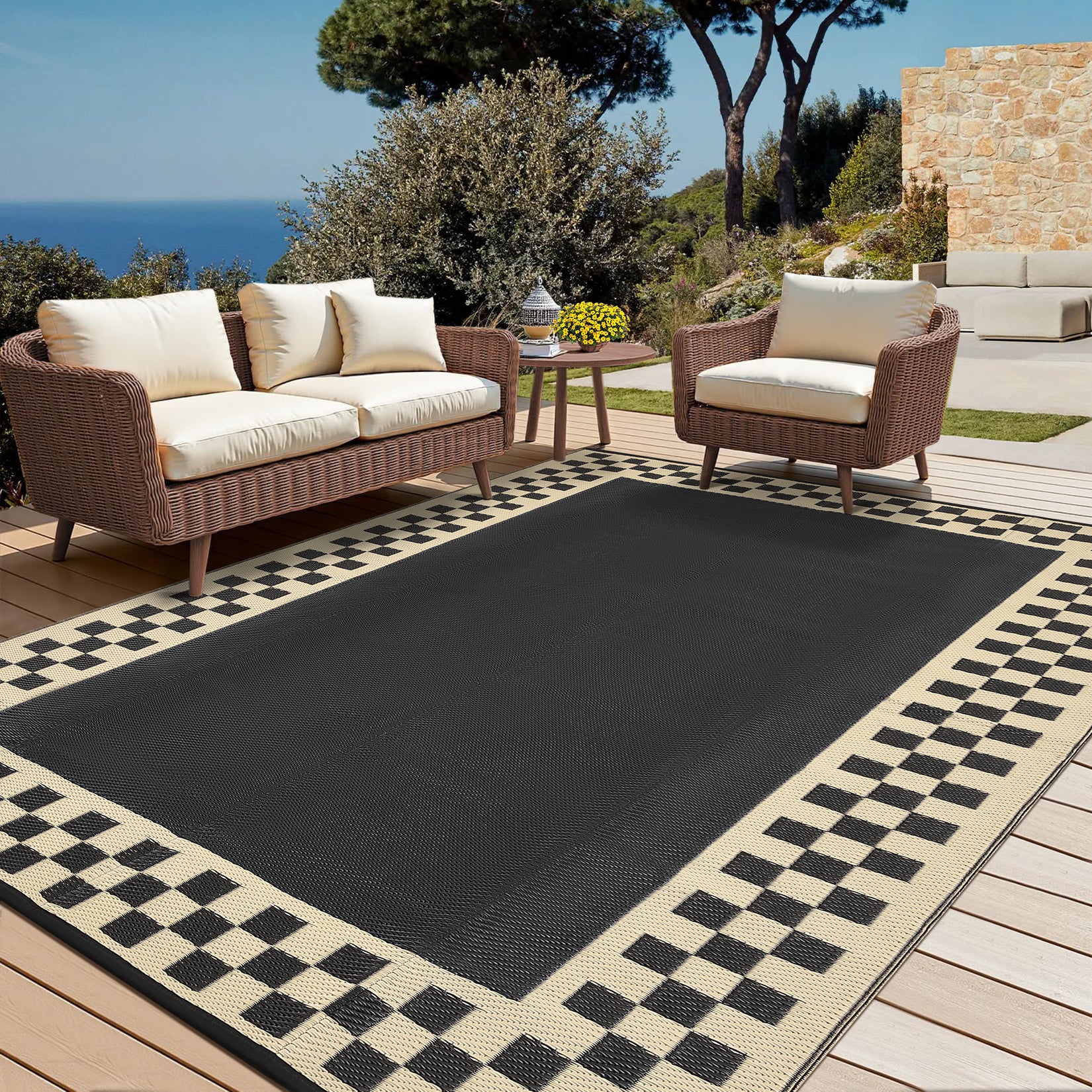 Garvee 8x10 Outdoor Waterproof Rug Reversible Modern Geometric Neutral Outdoor Patio Rug, Weather Resistant Plastic Straw Rugs Portable Camping Carpet for Garden Backyard Balcony, Black Coffee