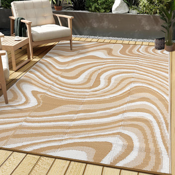 Garvee 9' x 18' Extra Large Light Brown Outdoor Rug, Waterproof UV Resistant Reversible Plastic Straw RV Awning Mat, Abstract Wave Design for Patio, Deck & Camping
