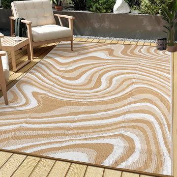 Garvee 9' x 18' Extra Large Light Brown Outdoor Rug, Waterproof UV Resistant Reversible Plastic Straw RV Awning Mat, Abstract Wave Design for Patio, Deck & Camping