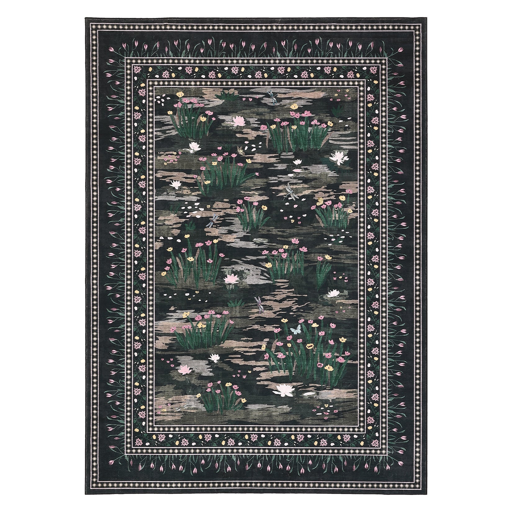 Garvee Floral 4x6 Area Rugs Washable Non Slip Modern Floor Rugs for Living Room Bedroom, Black, Low Pile, Stain Resistant
