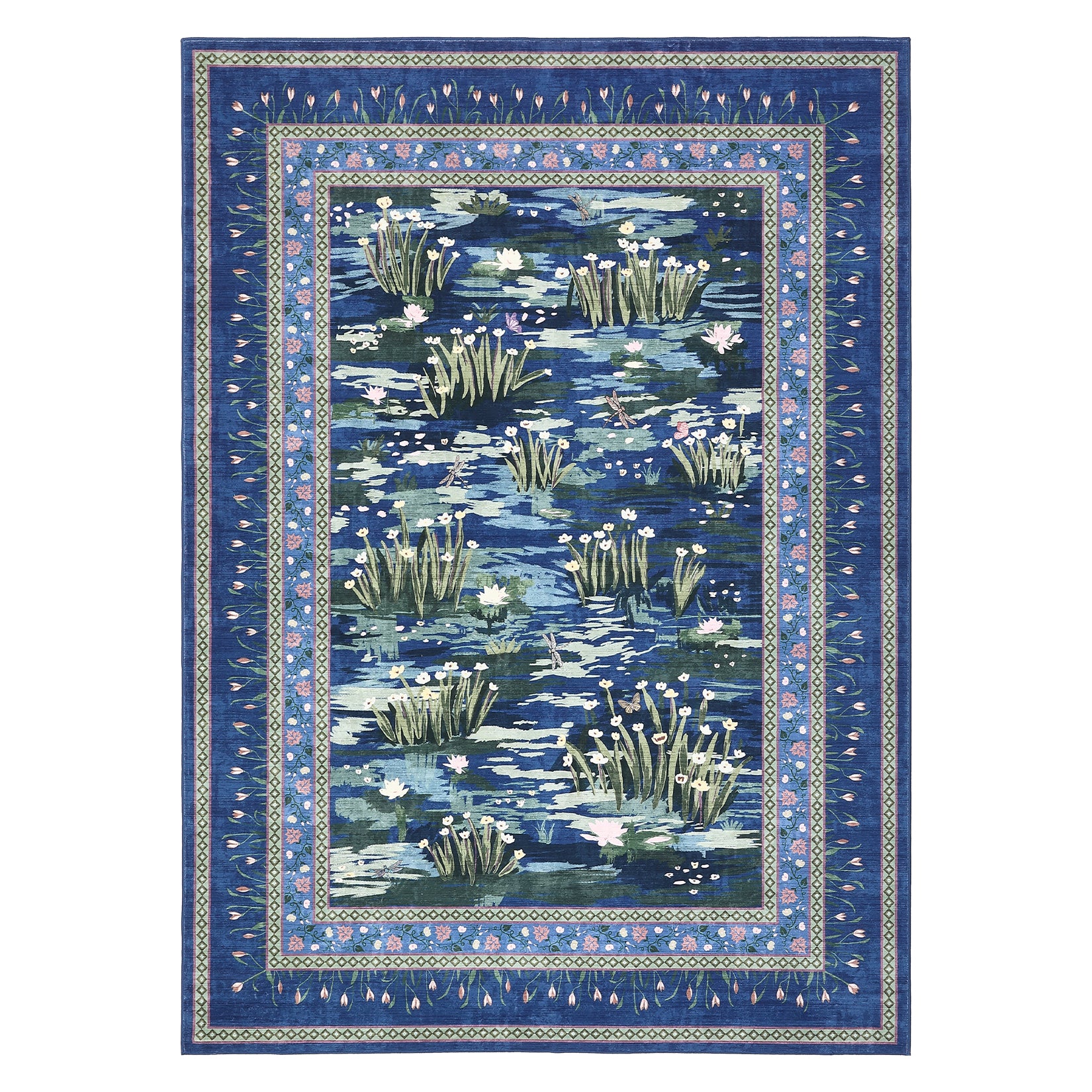 Garvee Washable 4x6 Area Rug Blue Water Lily Pond Floral Rug Non Slip Soft Low Pile Indoor Carpet for Living Room Bedroom