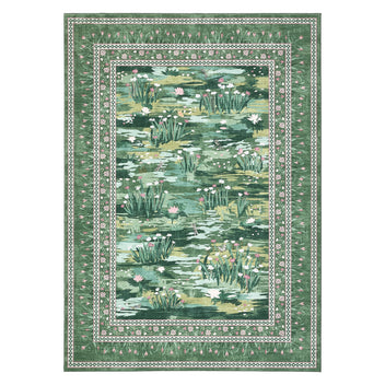 Garvee Floral 5x7 Living Room Bedroom Rugs, Washable Large Non-Slip Accent Dining Room Rug, Soft Low-Pile Indoor Modern Decorative Rugs, Bordered Water Lily Print Rug for Nursery Home Office, Green