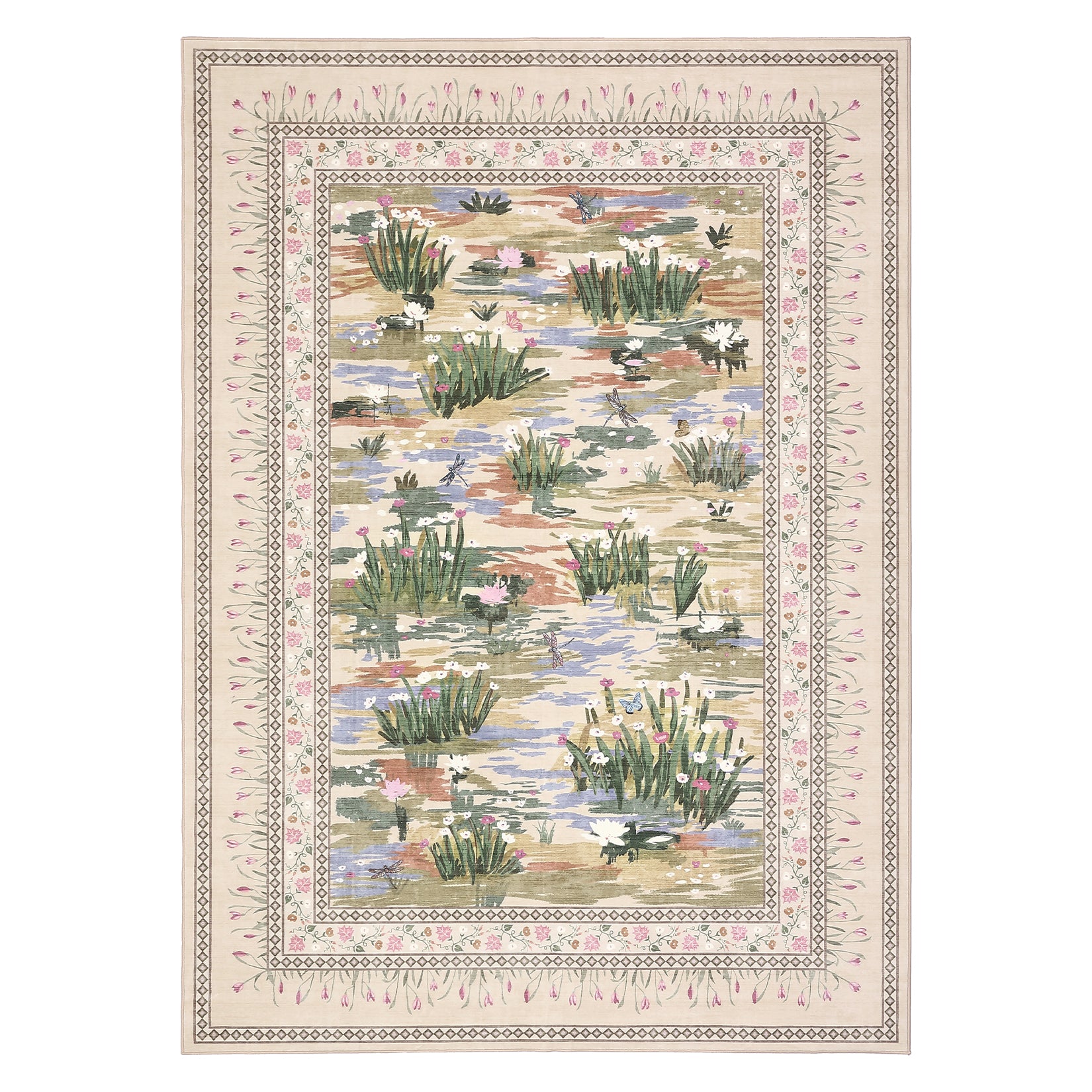 Garvee Beige Botanical Floral Area Rug 4x6, Washable Non Slip Low Pile Indoor Carpet, Vintage Nature Pond Farmhouse Rug for Living Room Bedroom Entryway