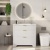 Garvee 36" Grille Style Freestanding Bathroom Vanity with Sink and 2 Drawers for Bathroom, White - White