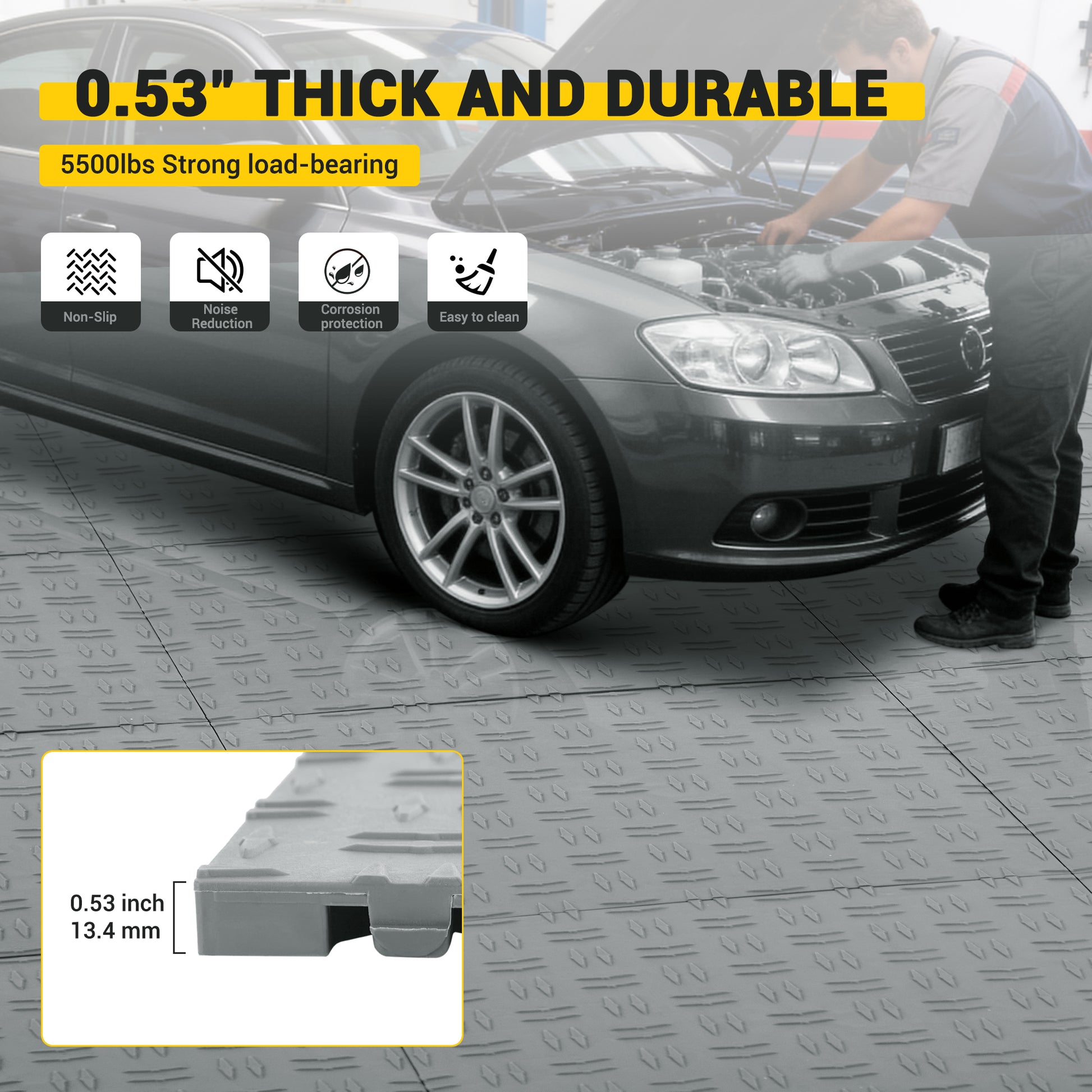Garvee 50 Pack 12"X12" Interlocking Garage Floor Tiles,Double-Sided Non-Slip Flooring, Heavy Duty PVC Garage Flooring Tiles Covering for Basement, Workshop & Repair Shop, Gray