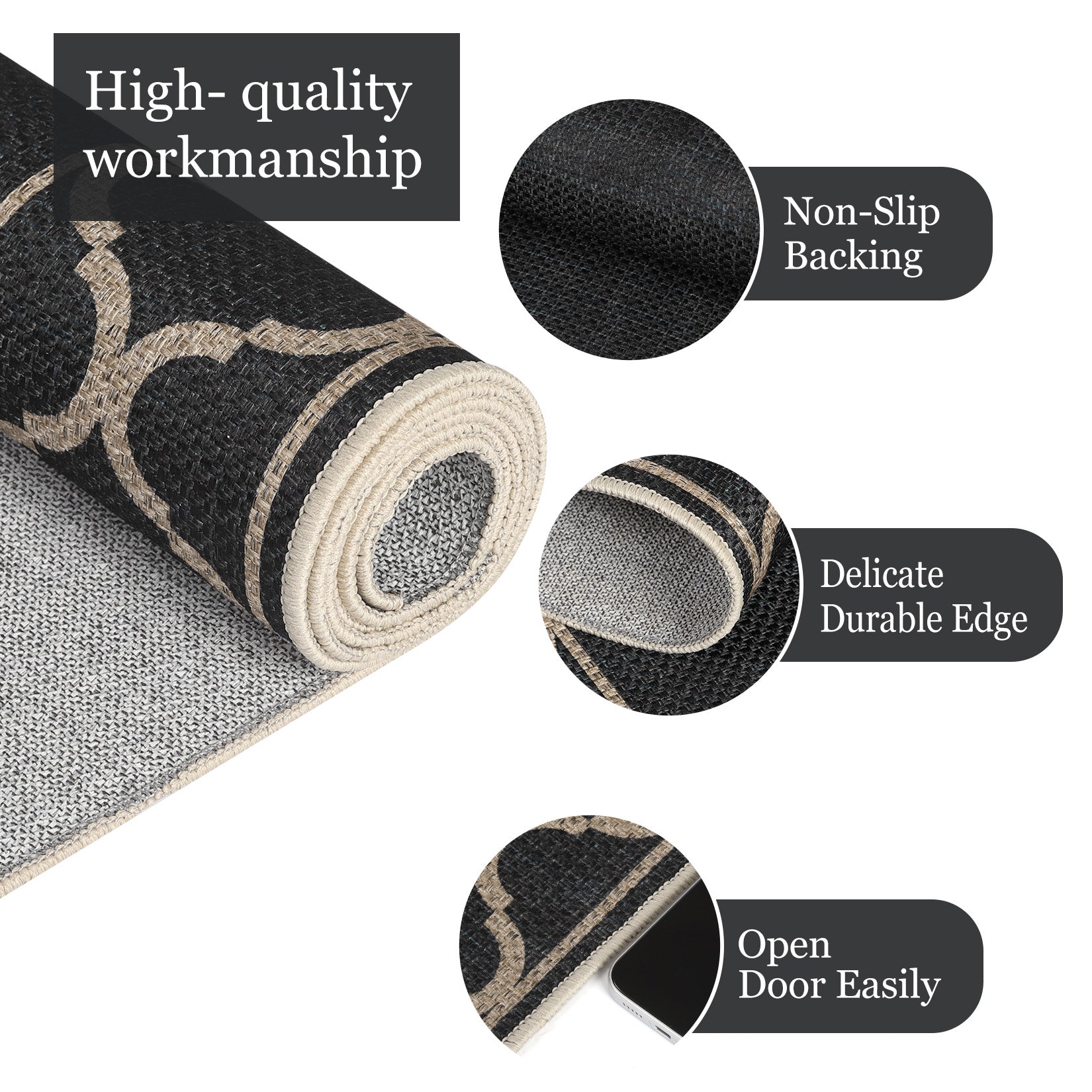 Garvee Black Coffee Washable Linen-Like Area Rug 8' × 10', Non Slip Low Pile Boho Geometric Indoor Outdoor Rug for Living Room Bedroom Patio