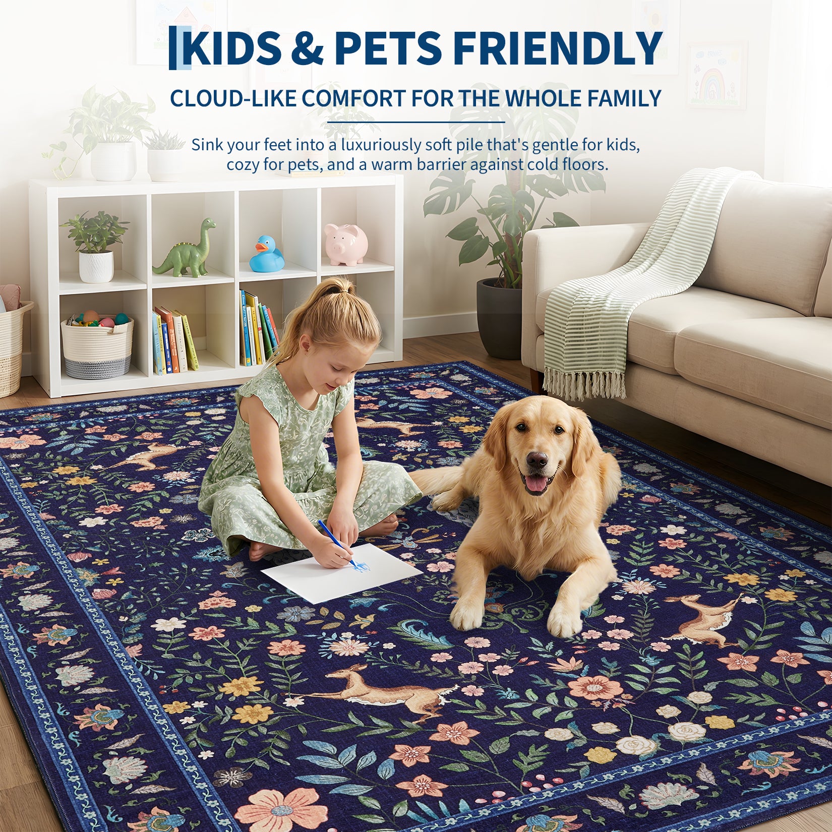 Garvee Extra Large Area Rug 10x13 Blue Washable Non Slip Floral Peacock Printed Rug for Living Room Bedroom Nursery Office