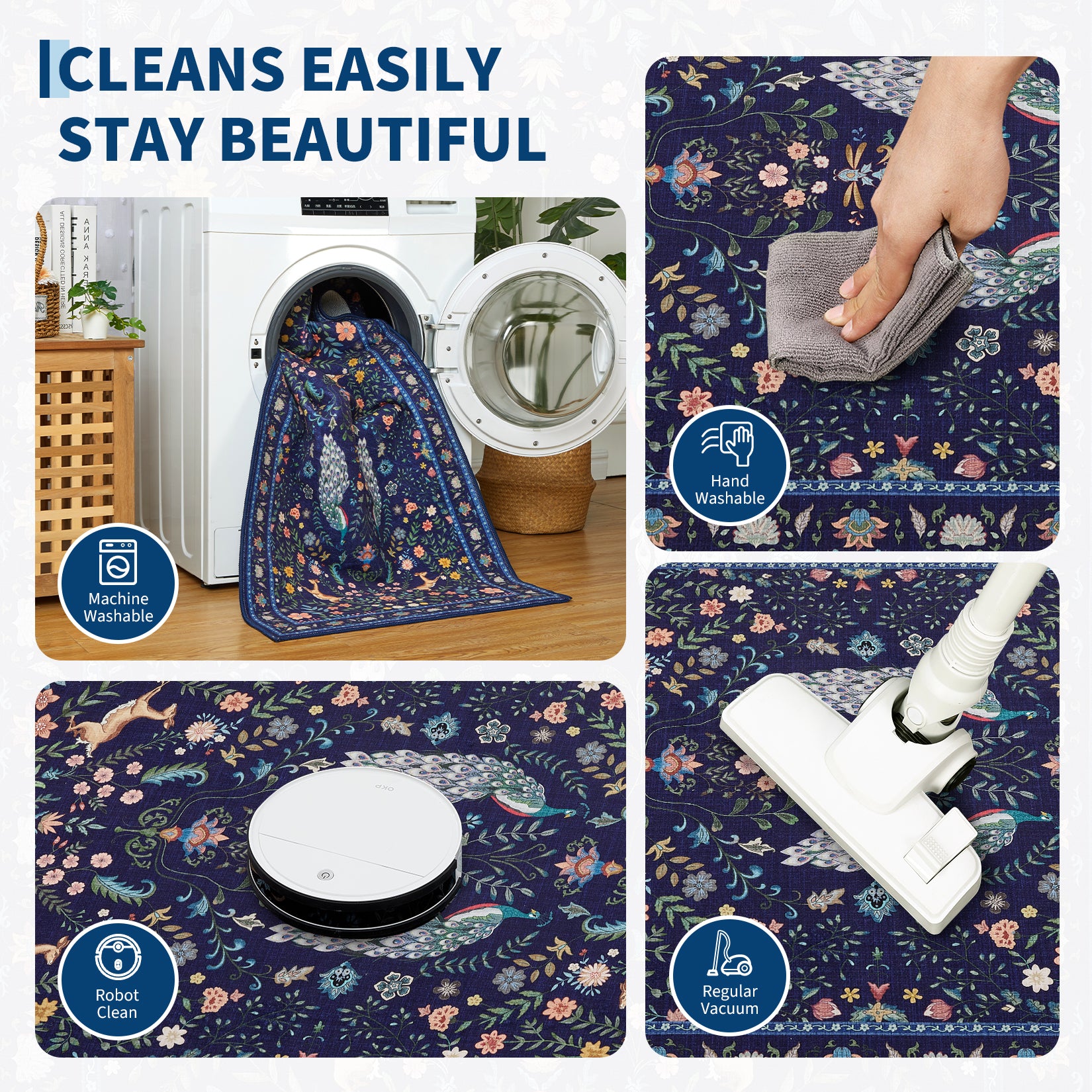 Garvee Extra Large Area Rug 10x13 Blue Washable Non Slip Floral Peacock Printed Rug for Living Room Bedroom Nursery Office
