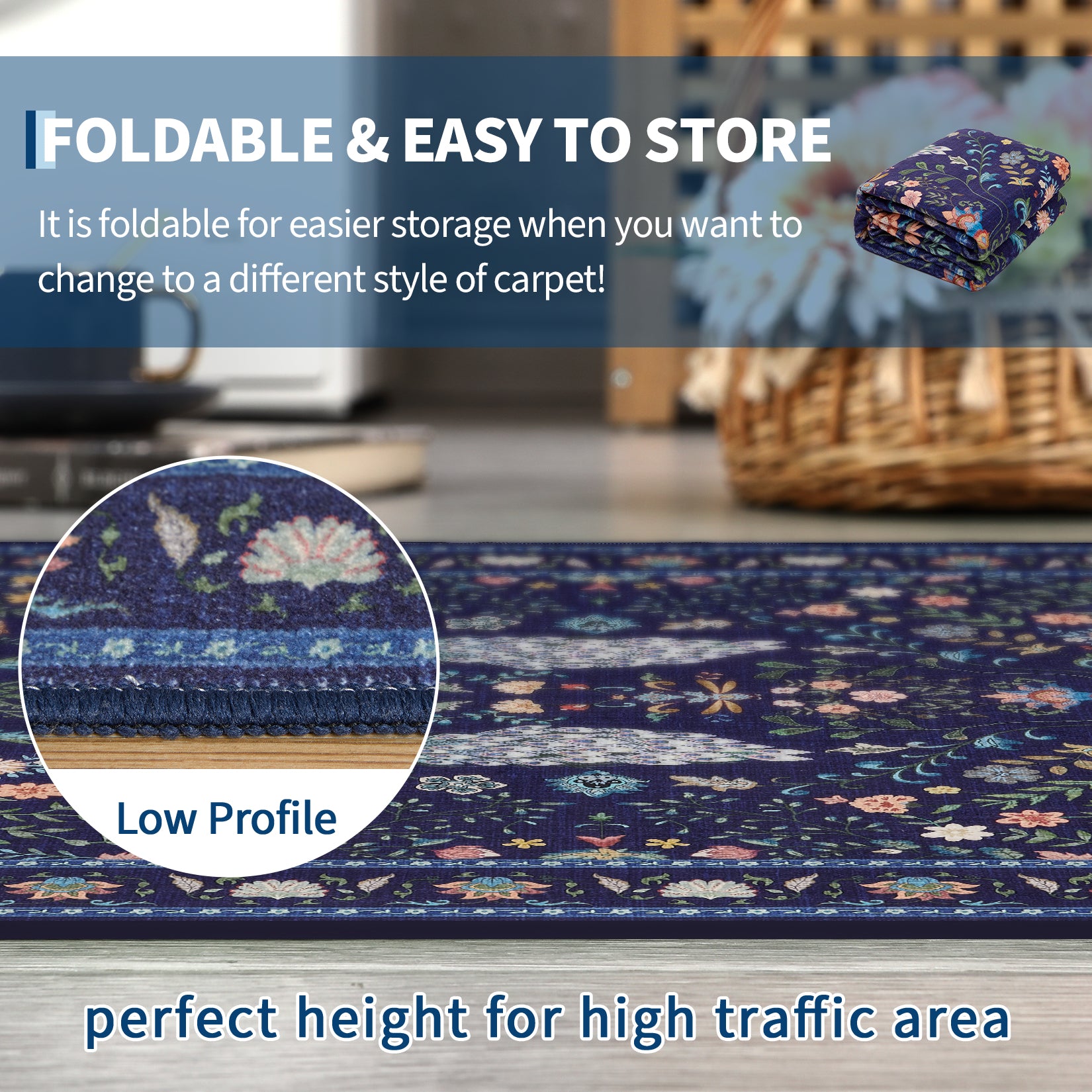 Garvee Extra Large Area Rug 10x13 Blue Washable Non Slip Floral Peacock Printed Rug for Living Room Bedroom Nursery Office
