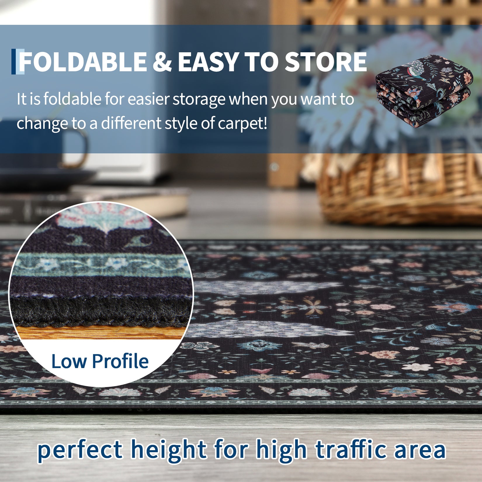 Garvee Floral Runner Rug 2x6 Washable Peacock Print Soft Non-Slip Low Pile Thin Carpet Black for Entryway Bedside Kitchen Nursery