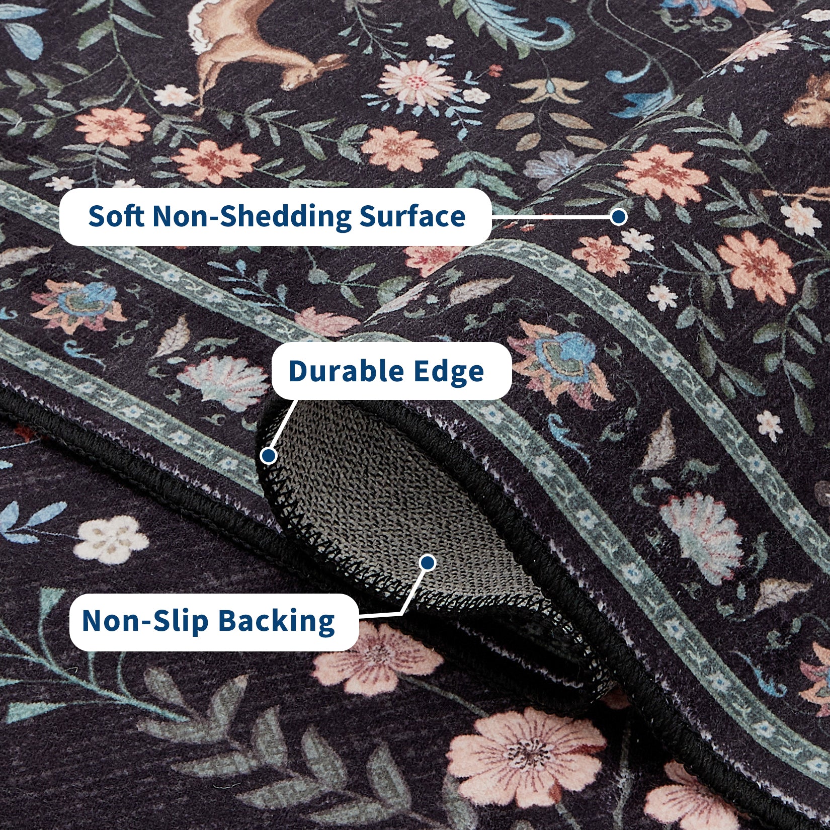 Garvee Floral Runner Rug 2x6 Washable Peacock Print Soft Non-Slip Low Pile Thin Carpet Black for Entryway Bedside Kitchen Nursery