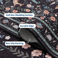 Garvee Floral Runner Rug 2x6 Washable Peacock Print Soft Non-Slip Low Pile Thin Carpet Black for Entryway Bedside Kitchen Nursery