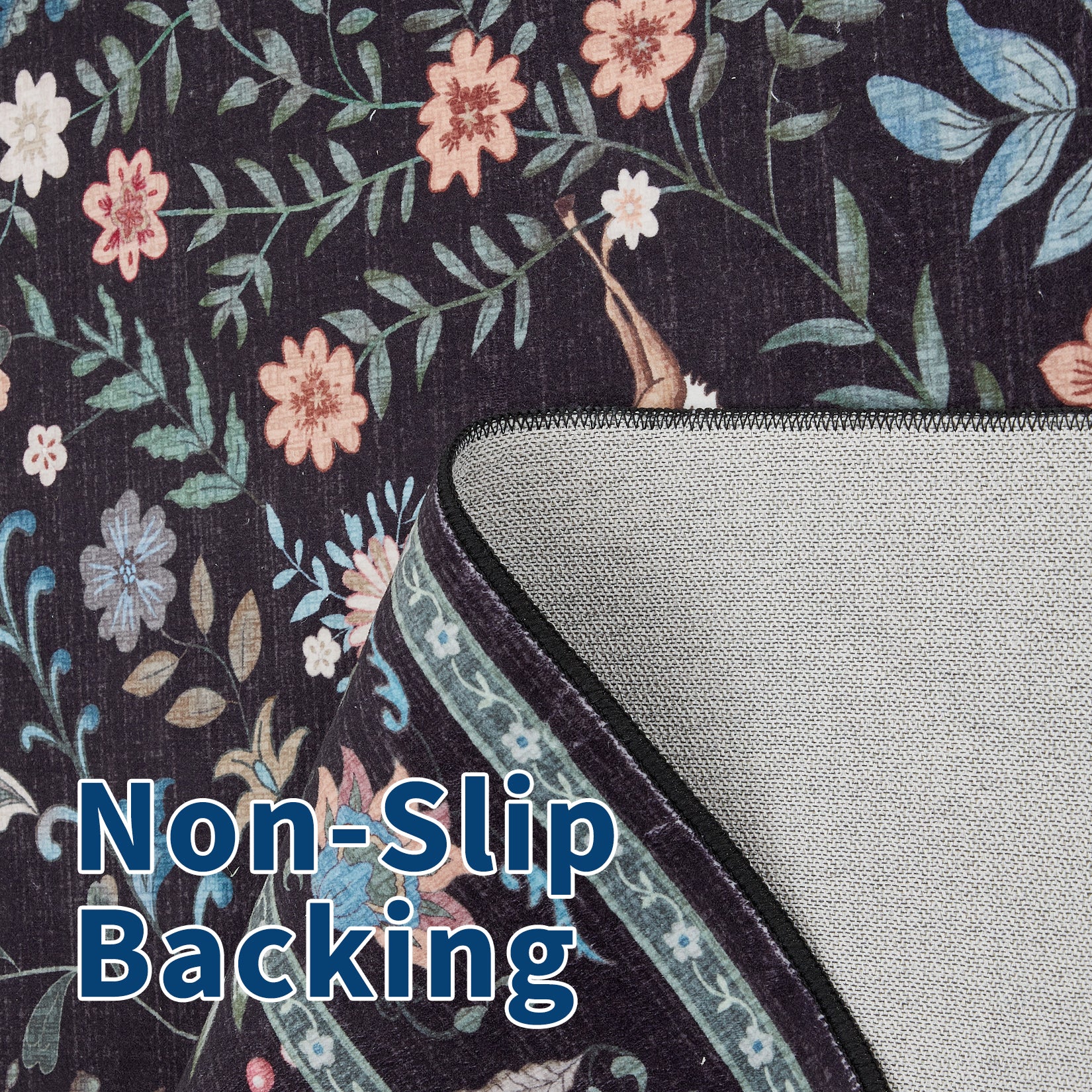 Garvee Floral Runner Rug 2x6 Washable Peacock Print Soft Non-Slip Low Pile Thin Carpet Black for Entryway Bedside Kitchen Nursery