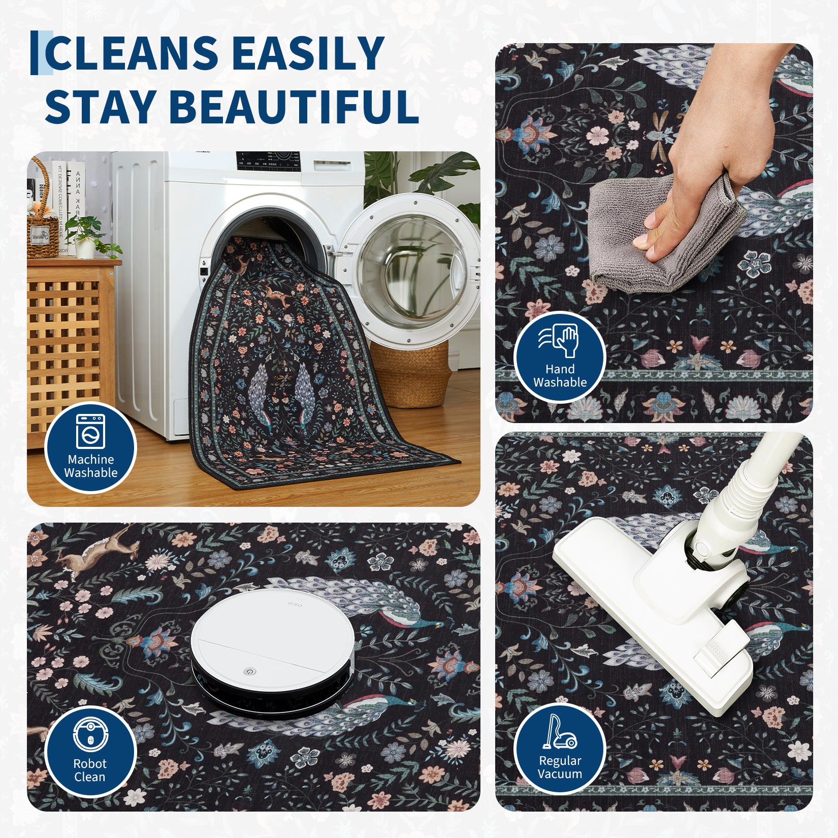 Garvee Floral Runner Rug 2x6 Washable Peacock Print Soft Non-Slip Low Pile Thin Carpet Black for Entryway Bedside Kitchen Nursery