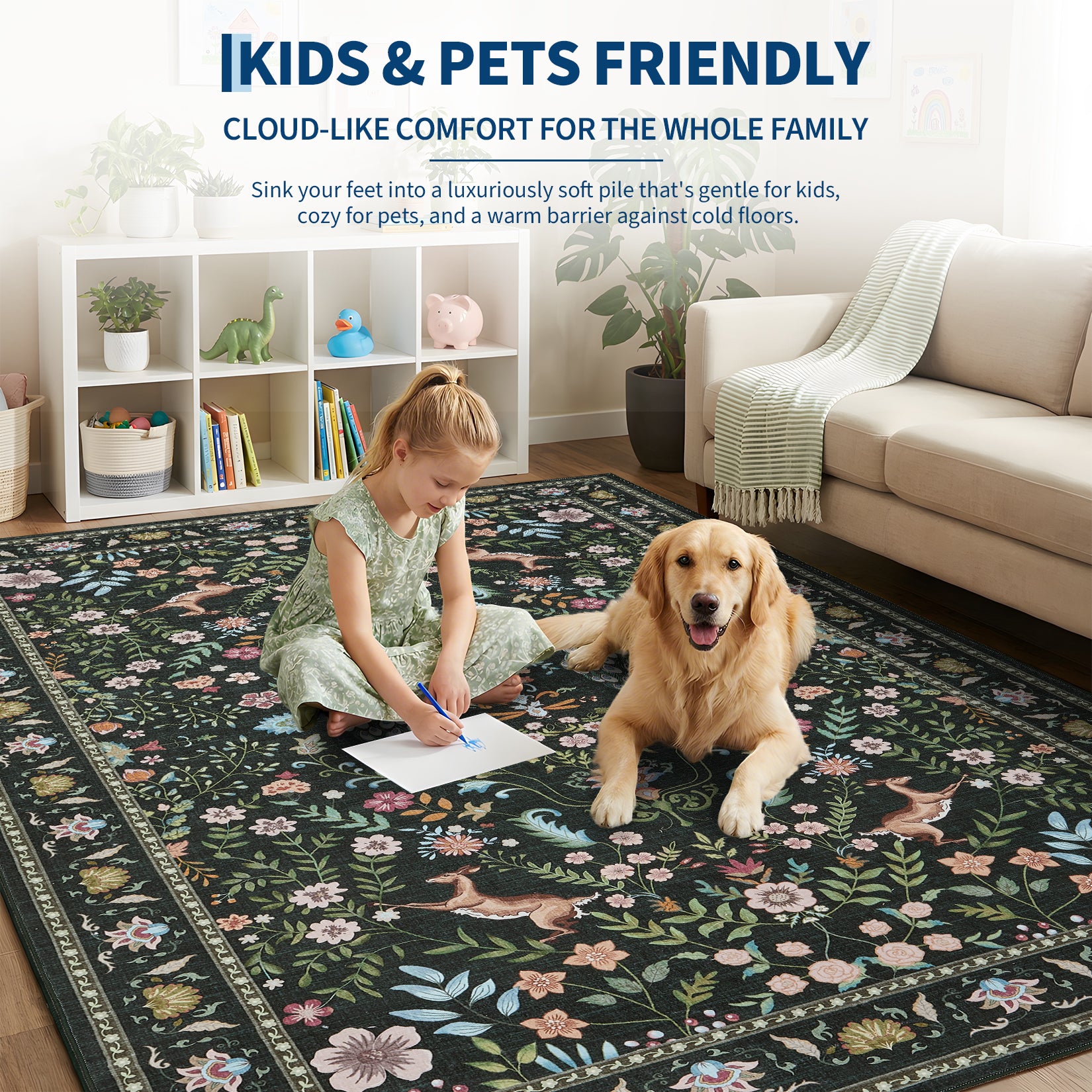 Garvee 5x7 Washable Area Rug, Non-Slip Floral Animal Print Rug with Peacock & Deer, Soft Low Pile Stain-Resistant Carpet for Living Room, Bedroom & Dining Room, Green
