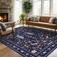 Garvee Living Room Rug 8x10 Washable Floral Rug Non Slip Low Pile Soft Blue for Bedroom Dining Room Office
