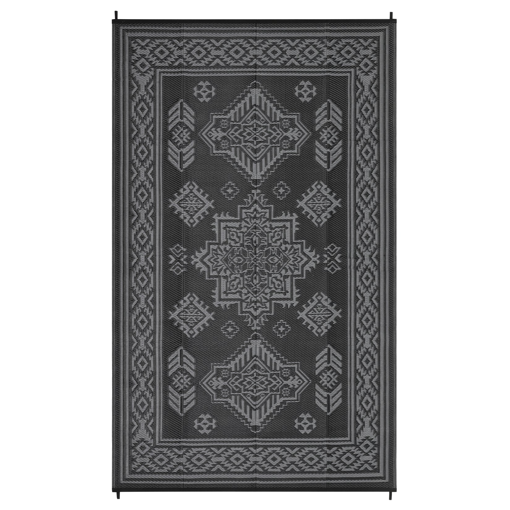 Garvee 9x18 Vintage Outdoor Rugs Waterproof Patio Rugs Indoor Outdoor Medallion Reversible Mat Foldable Lightweight Plastic Straw Carpet for Deck, Picnic, Porch, Camper, Balcony, Beach, Black