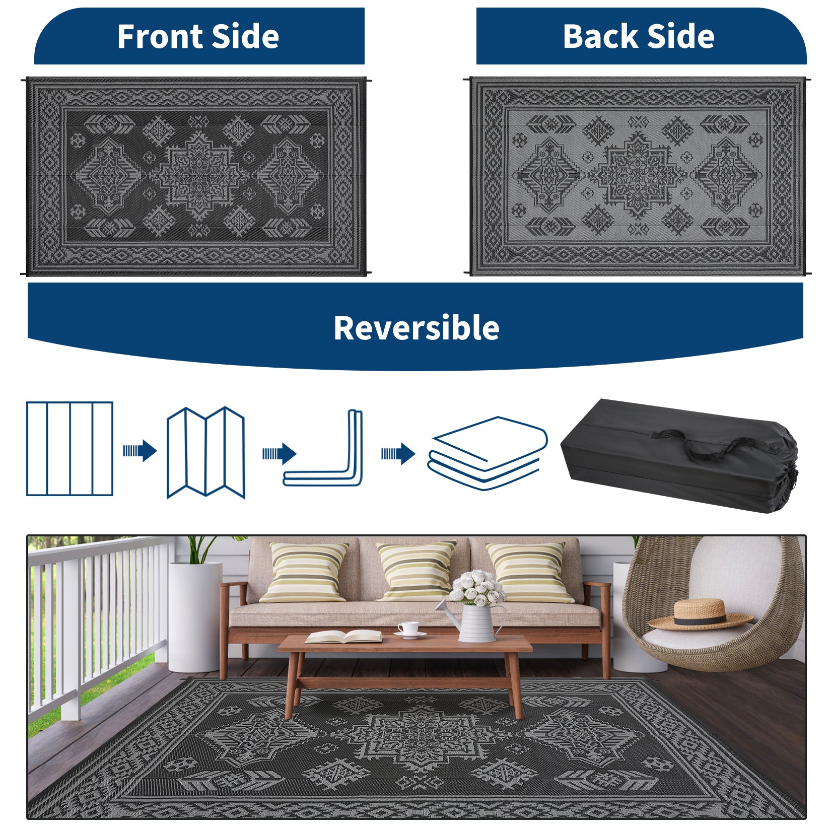 Garvee 9x18 Vintage Outdoor Rugs Waterproof Patio Rugs Indoor Outdoor Medallion Reversible Mat Foldable Lightweight Plastic Straw Carpet for Deck, Picnic, Porch, Camper, Balcony, Beach, Black