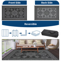 Garvee 9x18 Vintage Outdoor Rugs Waterproof Patio Rugs Indoor Outdoor Medallion Reversible Mat Foldable Lightweight Plastic Straw Carpet for Deck, Picnic, Porch, Camper, Balcony, Beach, Black