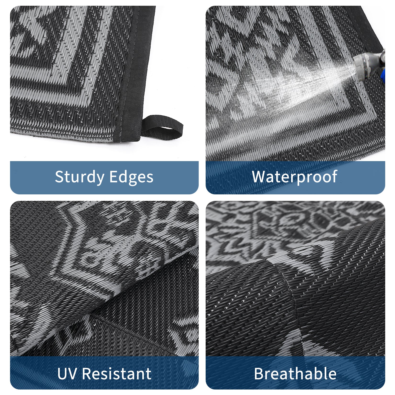Garvee 9x18 Vintage Outdoor Rugs Waterproof Patio Rugs Indoor Outdoor Medallion Reversible Mat Foldable Lightweight Plastic Straw Carpet for Deck, Picnic, Porch, Camper, Balcony, Beach, Black