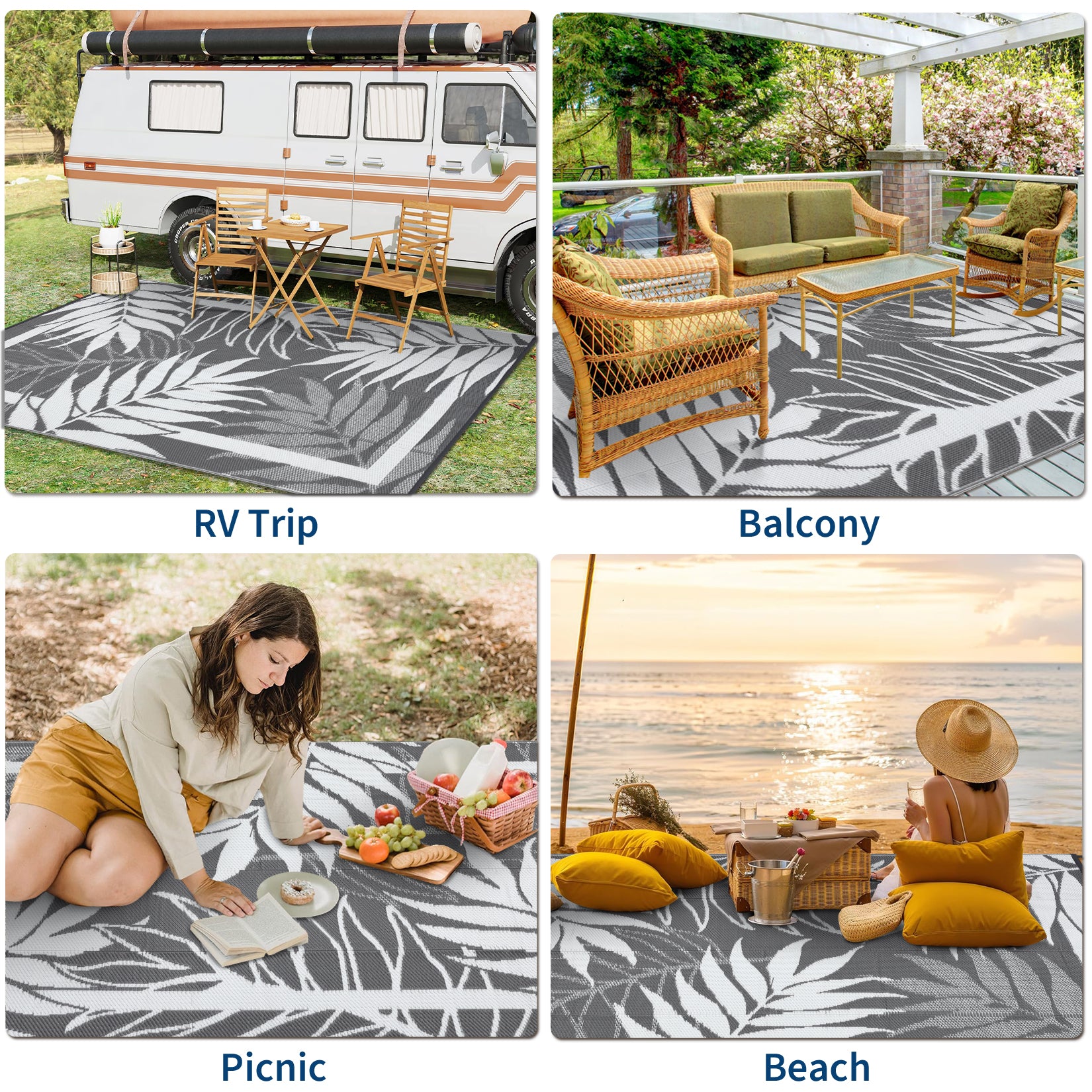 Garvee Outdoor Waterproof Reversible Rug – Modern Grey & White Plastic Patio Carpet, UV & Fade Resistant, Non-Slip, Easy Clean – For Garden, Deck, Porch, Backyard, Camping, 8x10ft