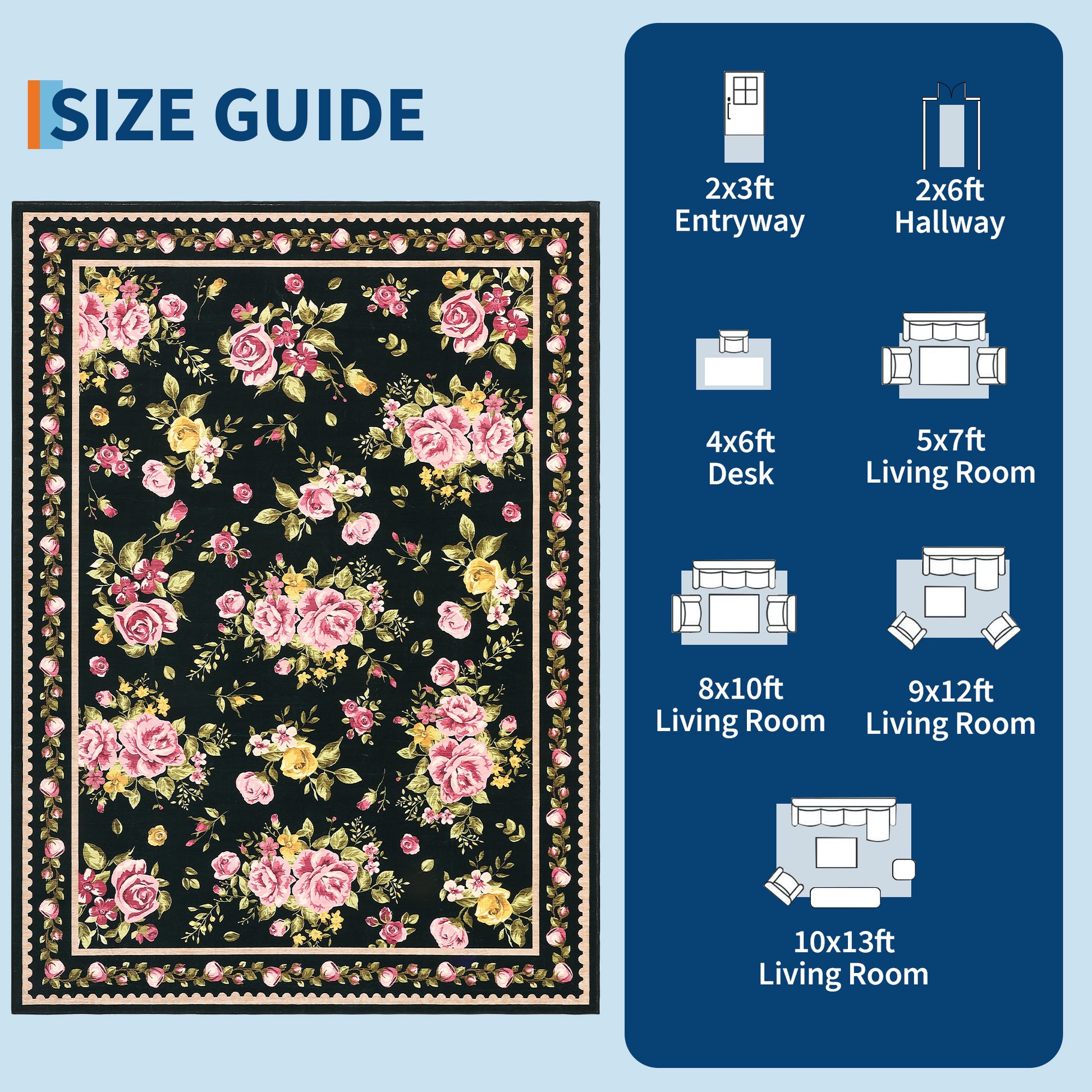 Garvee Floral 10x13 Area Rugs Non Slip Vintage Low Pile Soft Farmhouse Bedroom Girls Black
