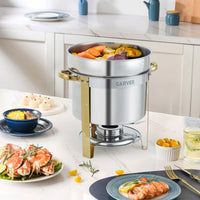 Garvee 2 Pack Round Soup Chafer, 7QT Stainless Steel Soup Warmer with Pot, Notched Lids & Fuel Holders, Commercial Food Warmer for Buffets Parties Wedding Banquets Catering, Gold